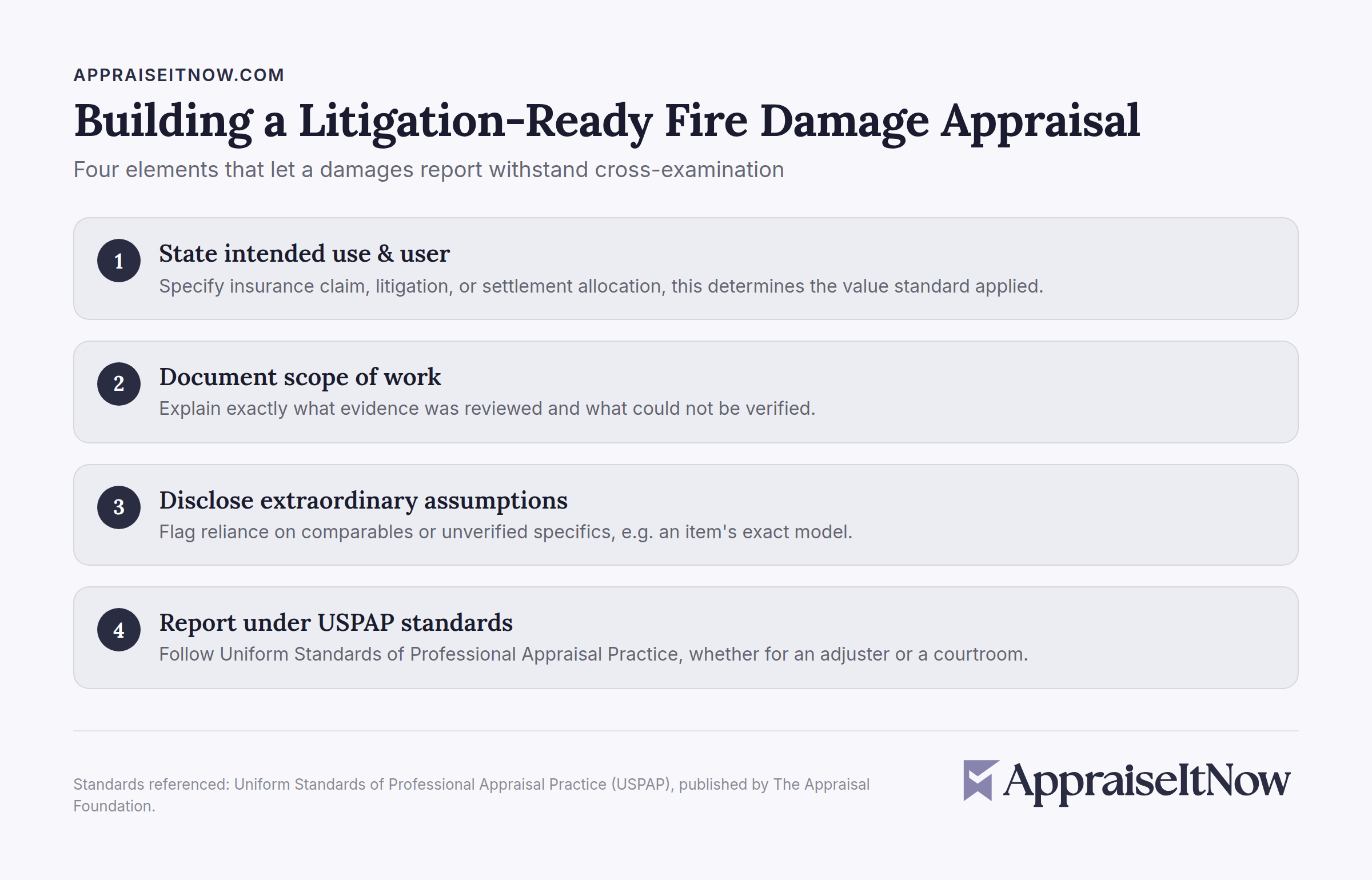Fire damage appraisal infographic showing four elements for litigation-ready damages reports