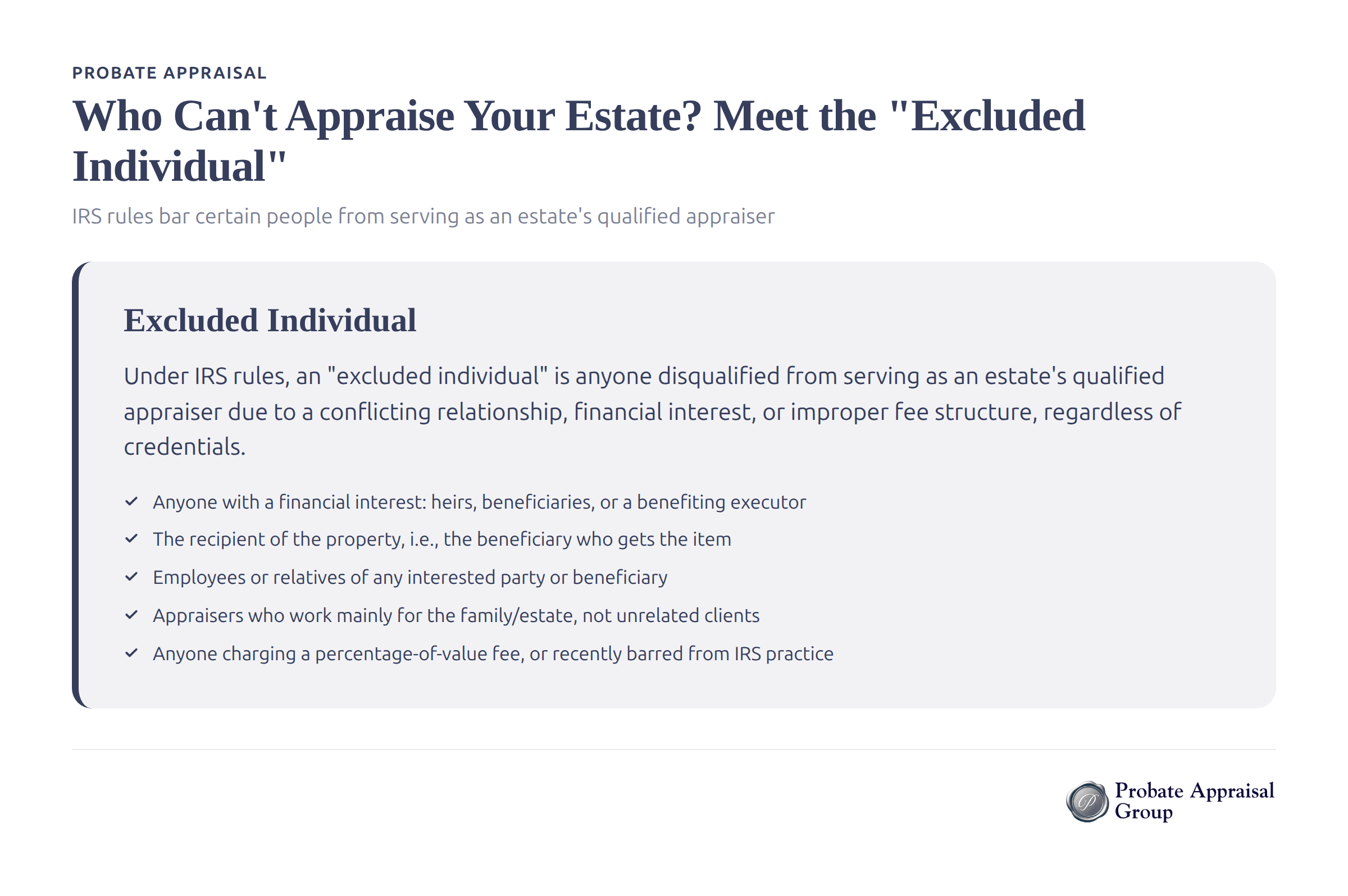 IRS rules for excluded individuals who cannot serve as estate appraisers