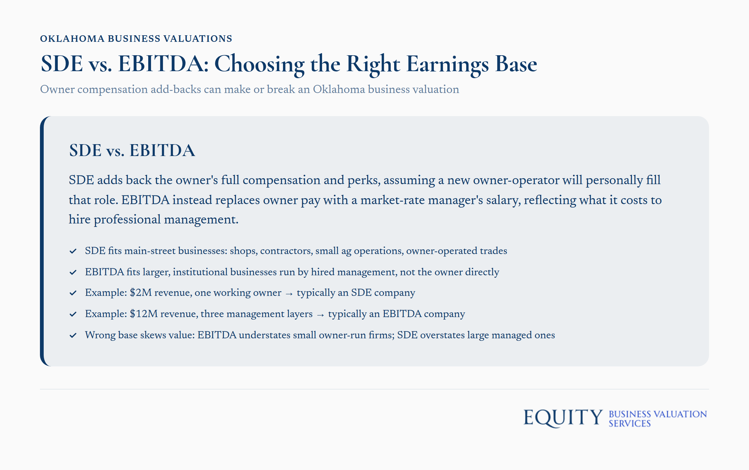 SDE vs. EBITDA comparison chart for business valuation with owner compensation add-backs