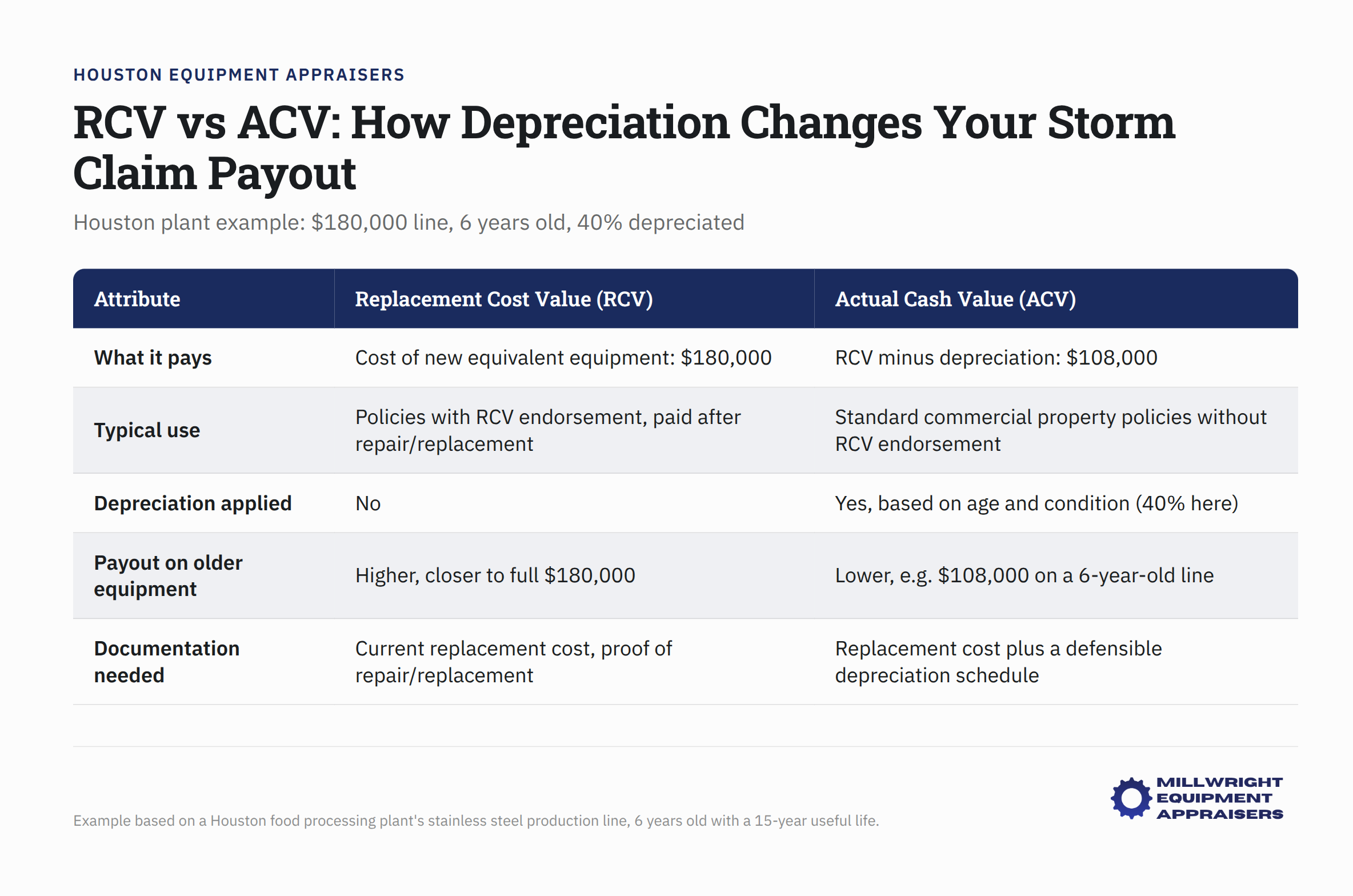 RCV vs ACV comparison chart showing $180,000 Houston industrial plant with 40% depreciation over 6 years