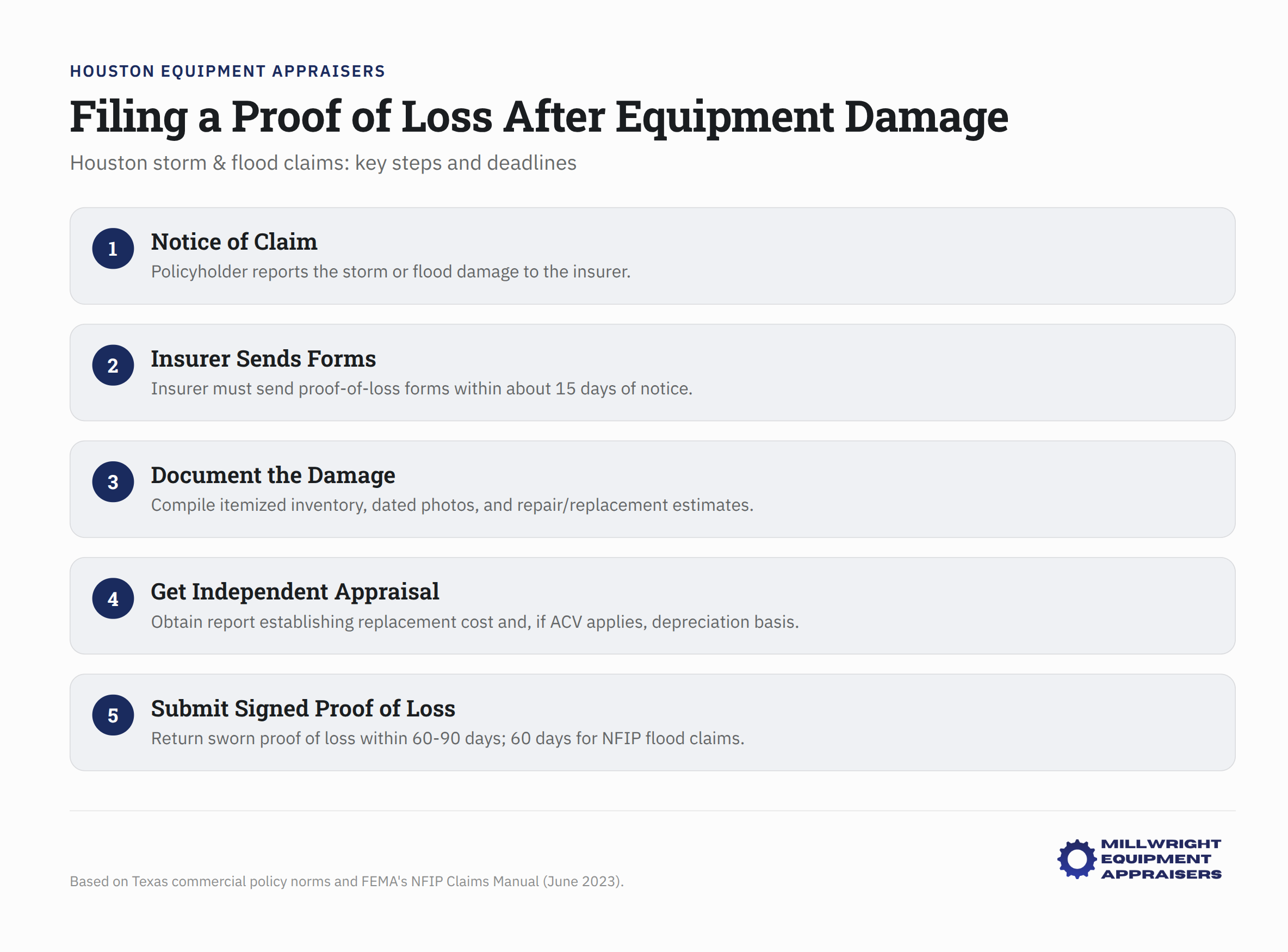Proof of Loss filing steps and deadlines for Houston storm and flood equipment damage claims
