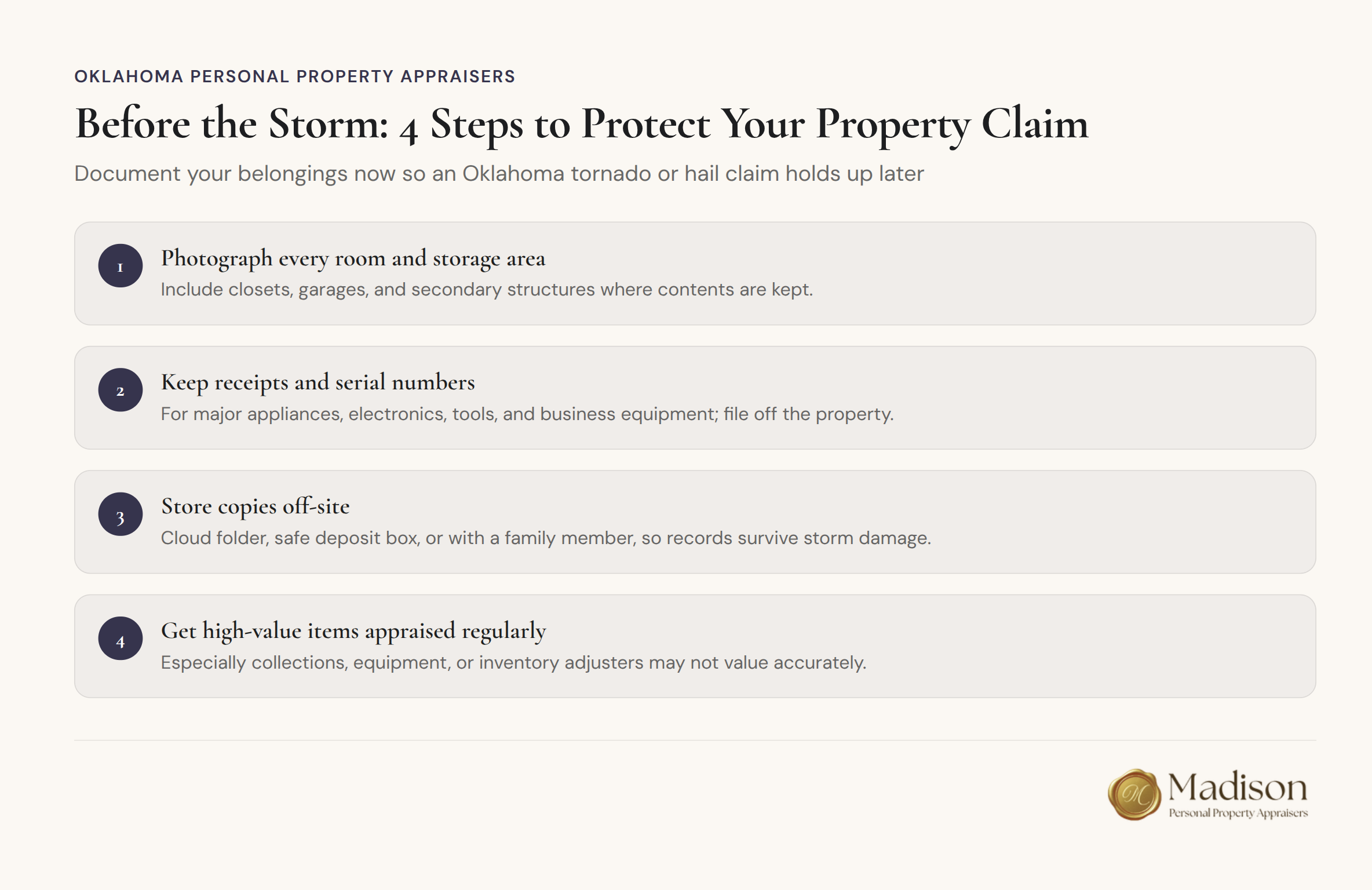 Infographic showing 4 steps to document household items for tornado and hail insurance claims