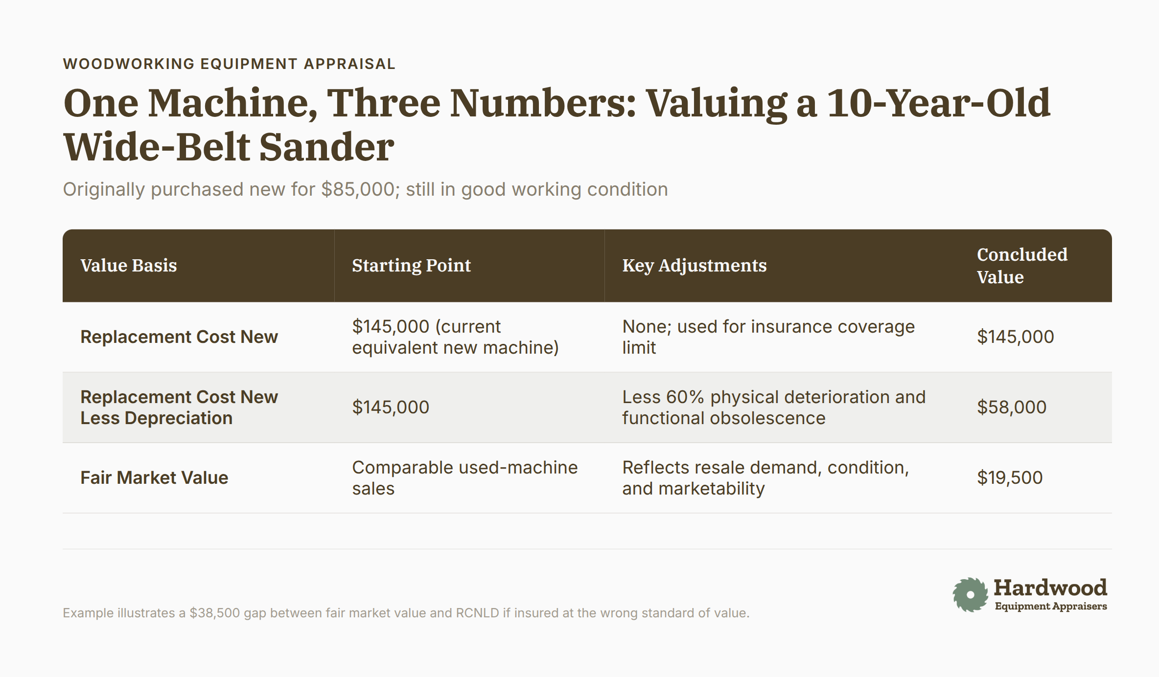 Wide-belt sander with three valuation figures showing original purchase price, current market value, and depreciation analysis