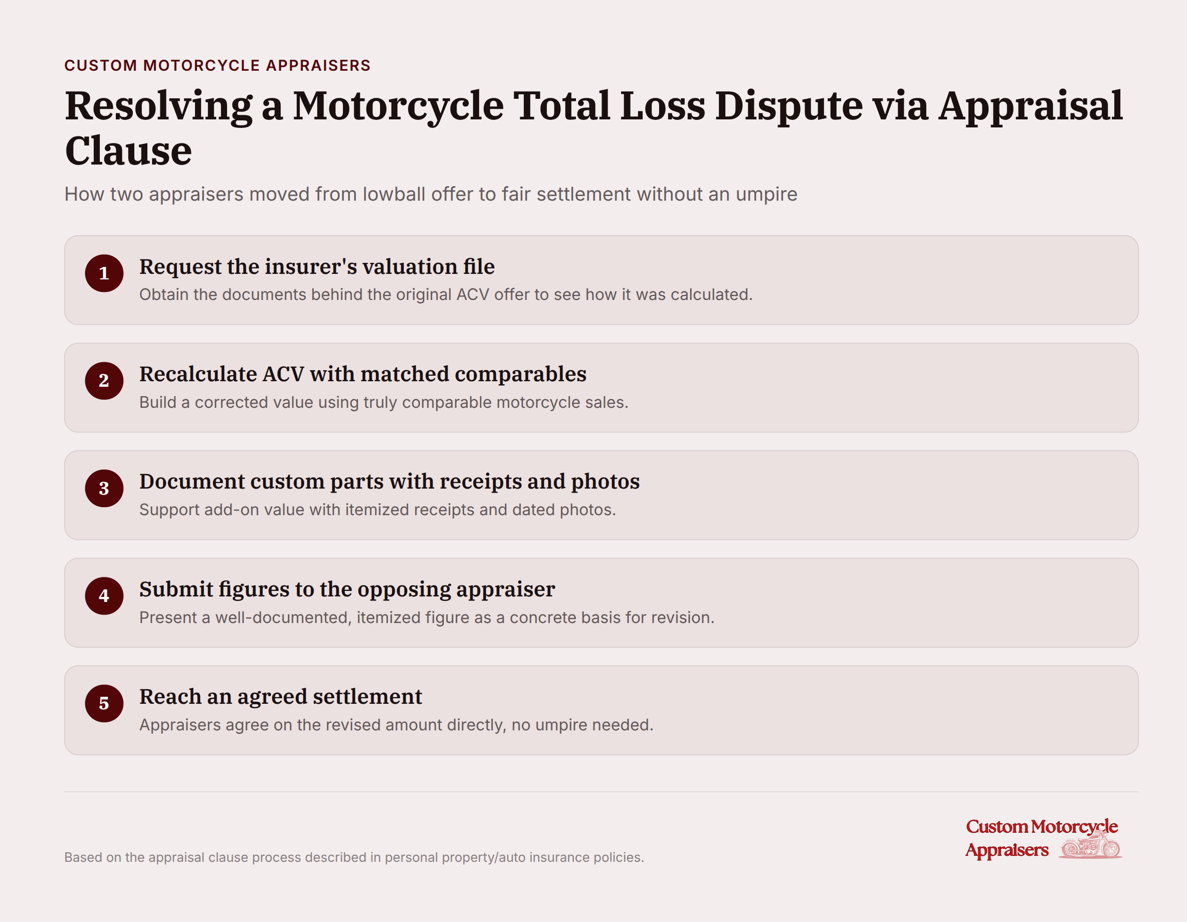 Two motorcycle appraisers reviewing documentation to resolve a total loss valuation dispute