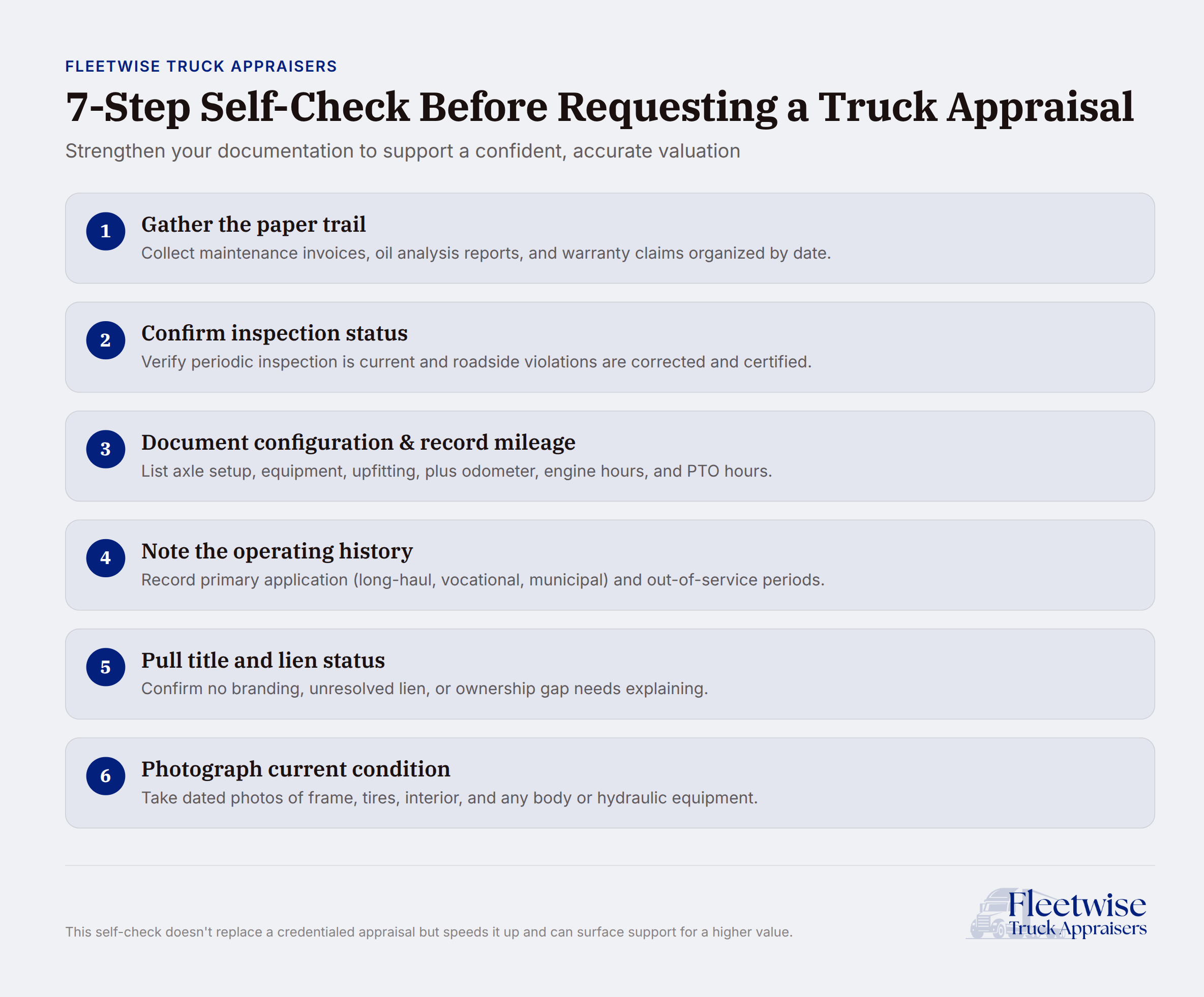 7-step self-check checklist for truck appraisal documentation