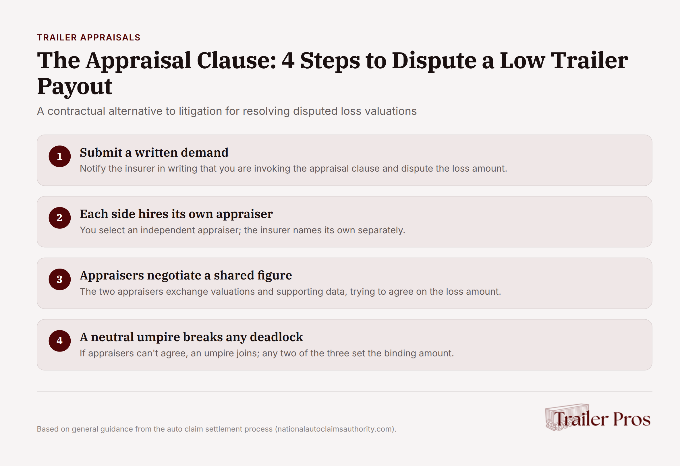Appraisal clause process diagram showing four steps to dispute low trailer insurance payouts