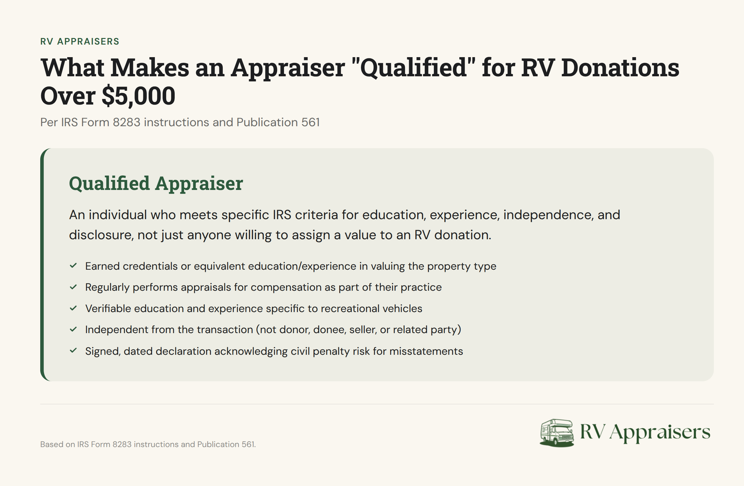 IRS Form 8283 requirements for qualified RV appraisers for donations over $5,000