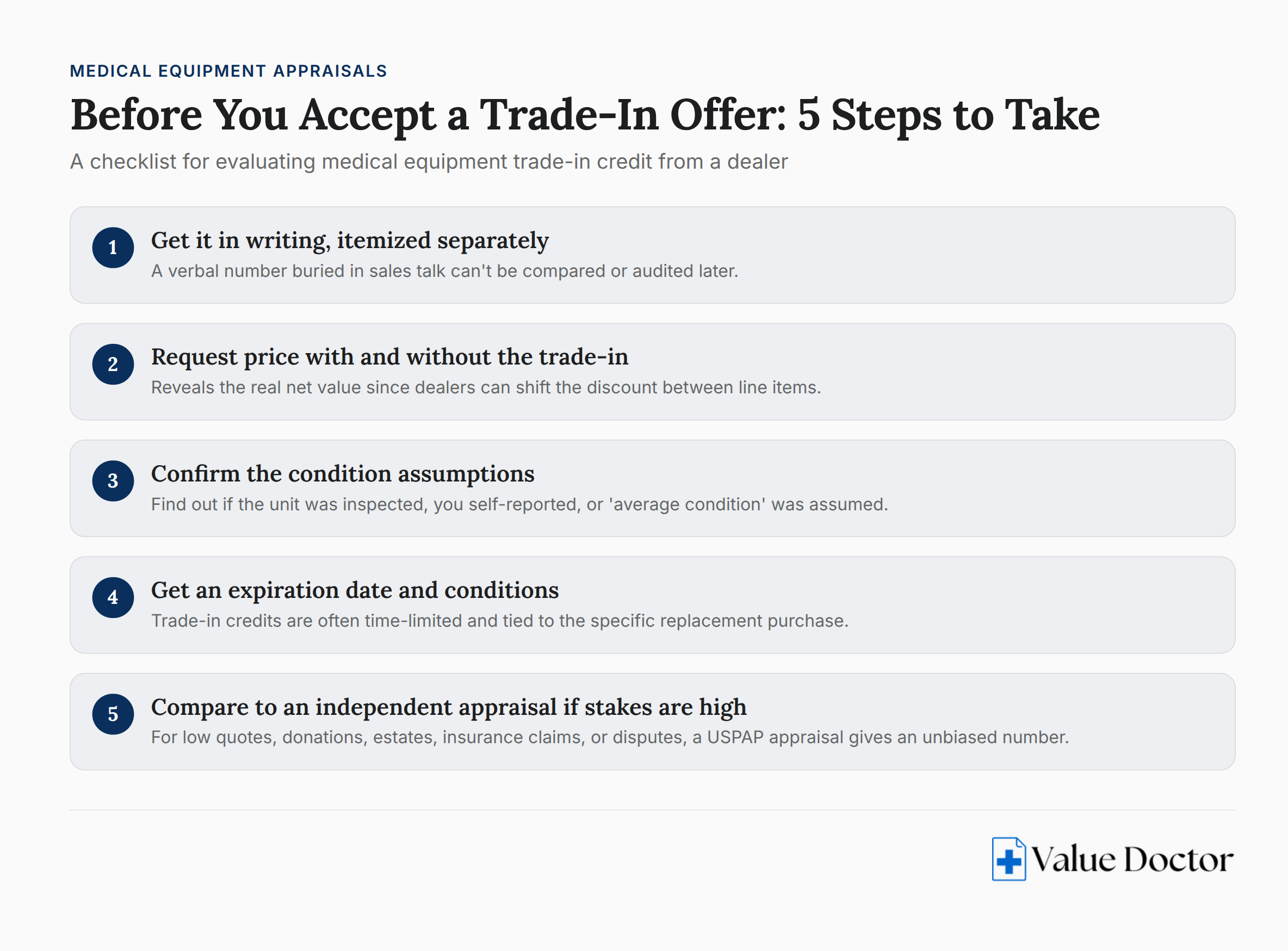 Checklist for evaluating medical equipment trade-in offers from dealers