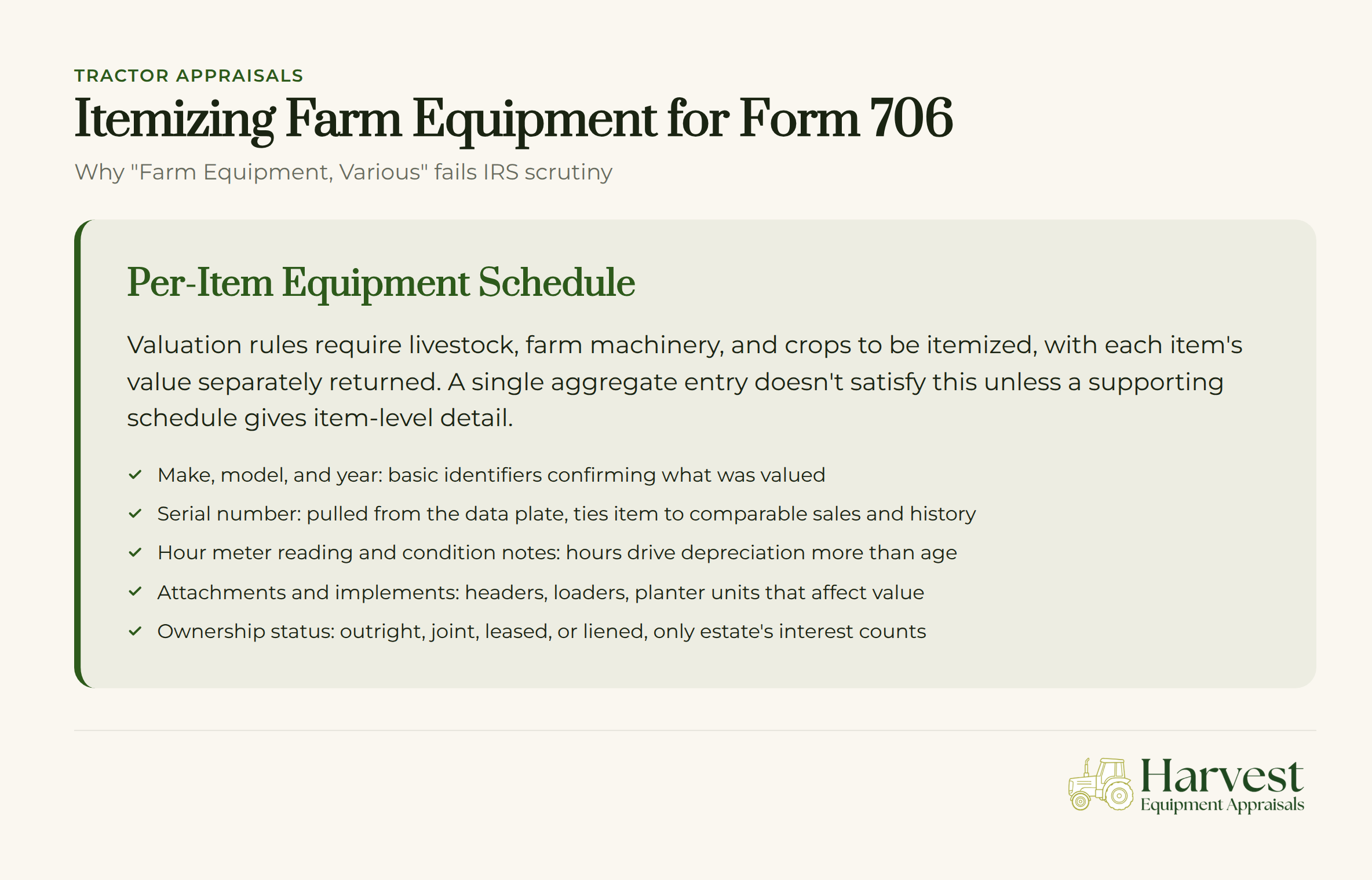 Farm equipment including tractor, combine harvester, and baler with Form 706 documentation