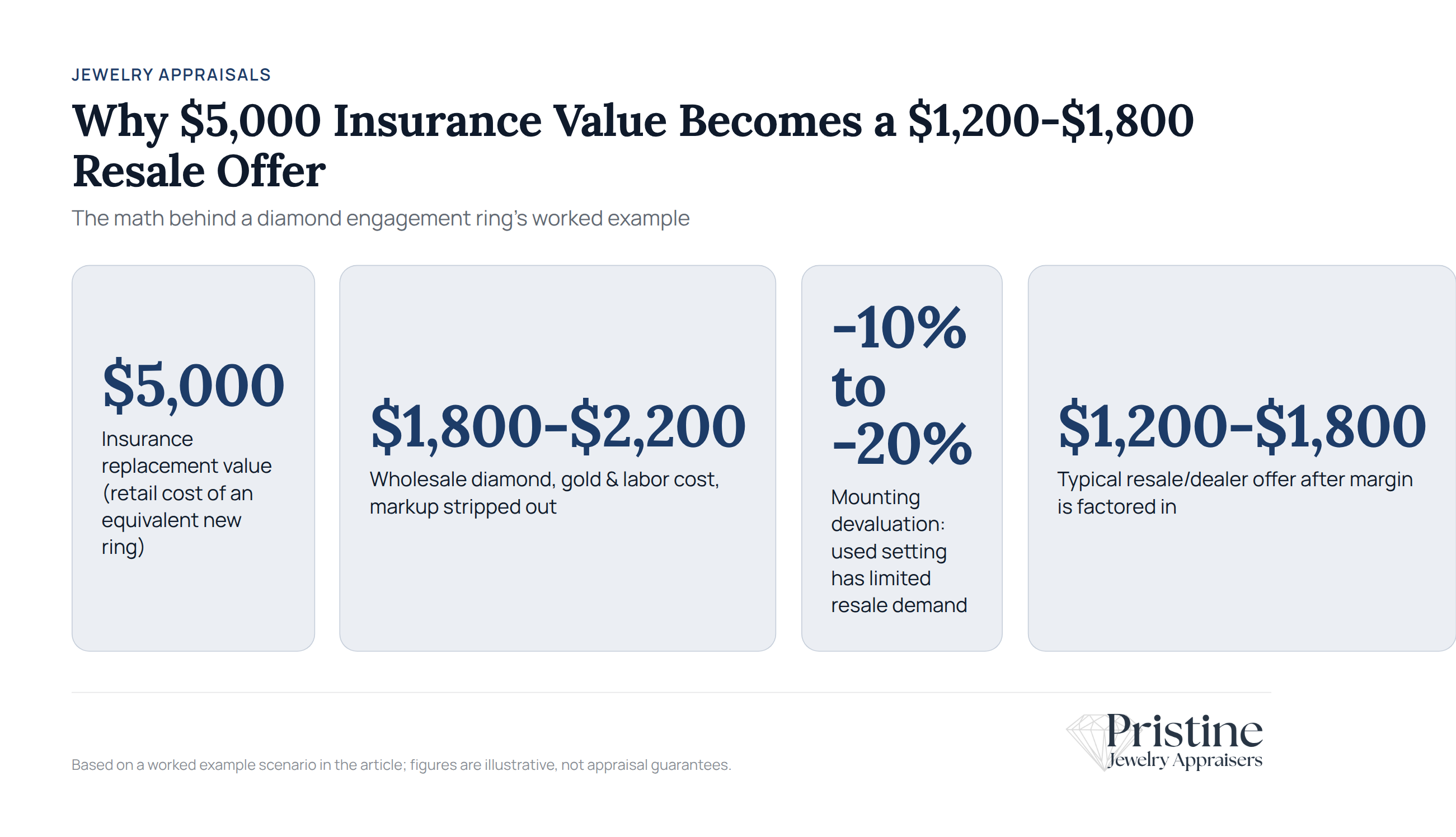 Diamond engagement ring appraisal breakdown showing $5,000 insurance value to $1,200-$1,800 resale offer