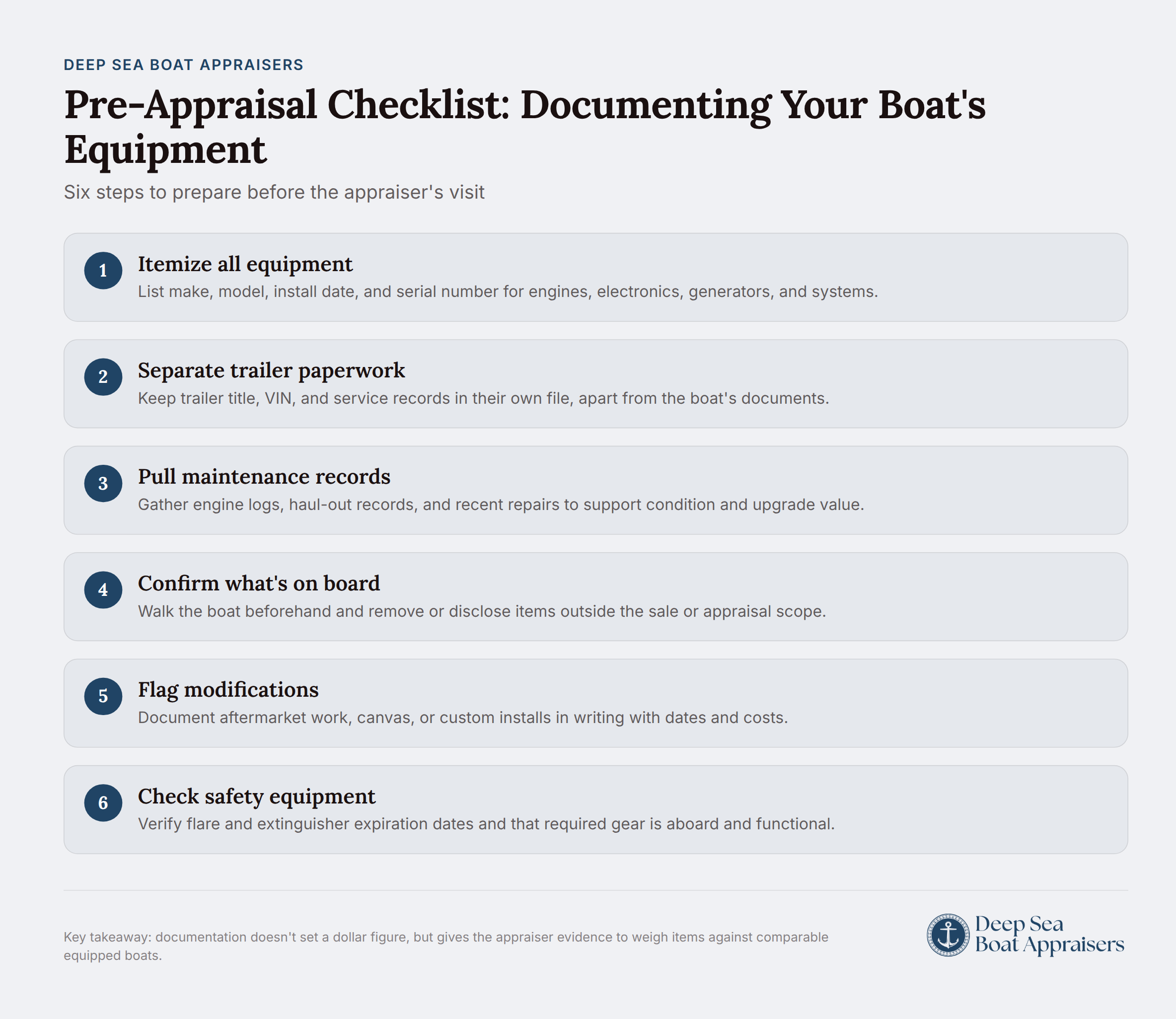 Pre-appraisal checklist with six steps for boat equipment documentation