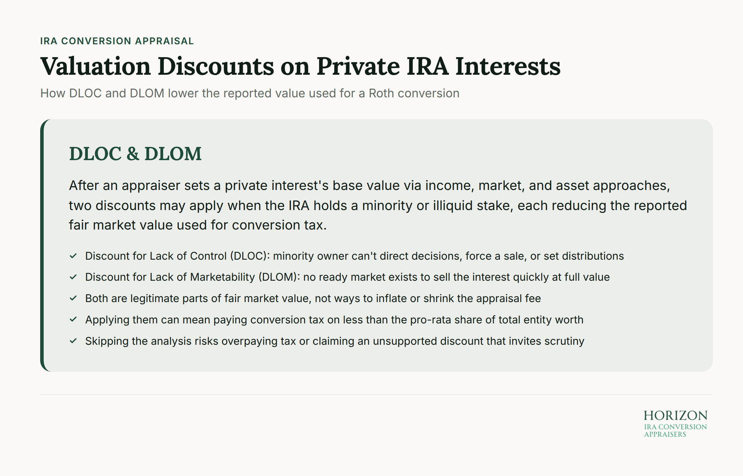 Valuation discounts diagram showing DLOC and DLOM reducing private IRA interests value for Roth conversion reporting