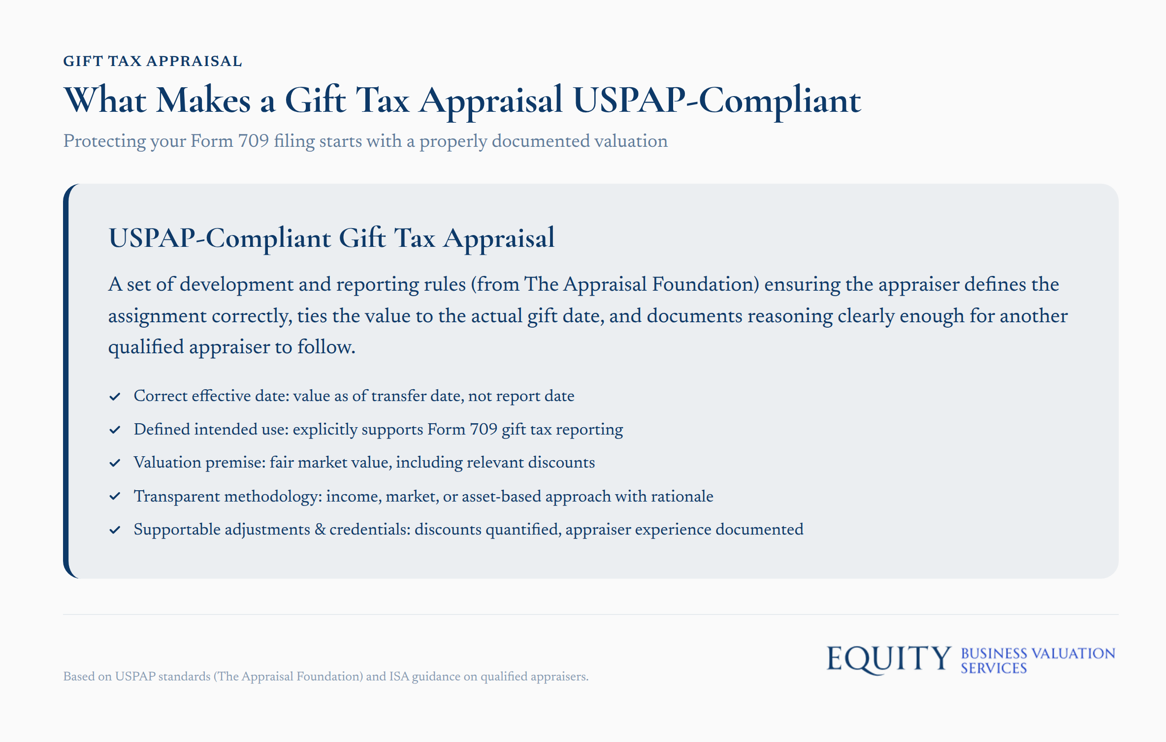 Gift tax appraisal USPAP compliance requirements for Form 709 filing documentation