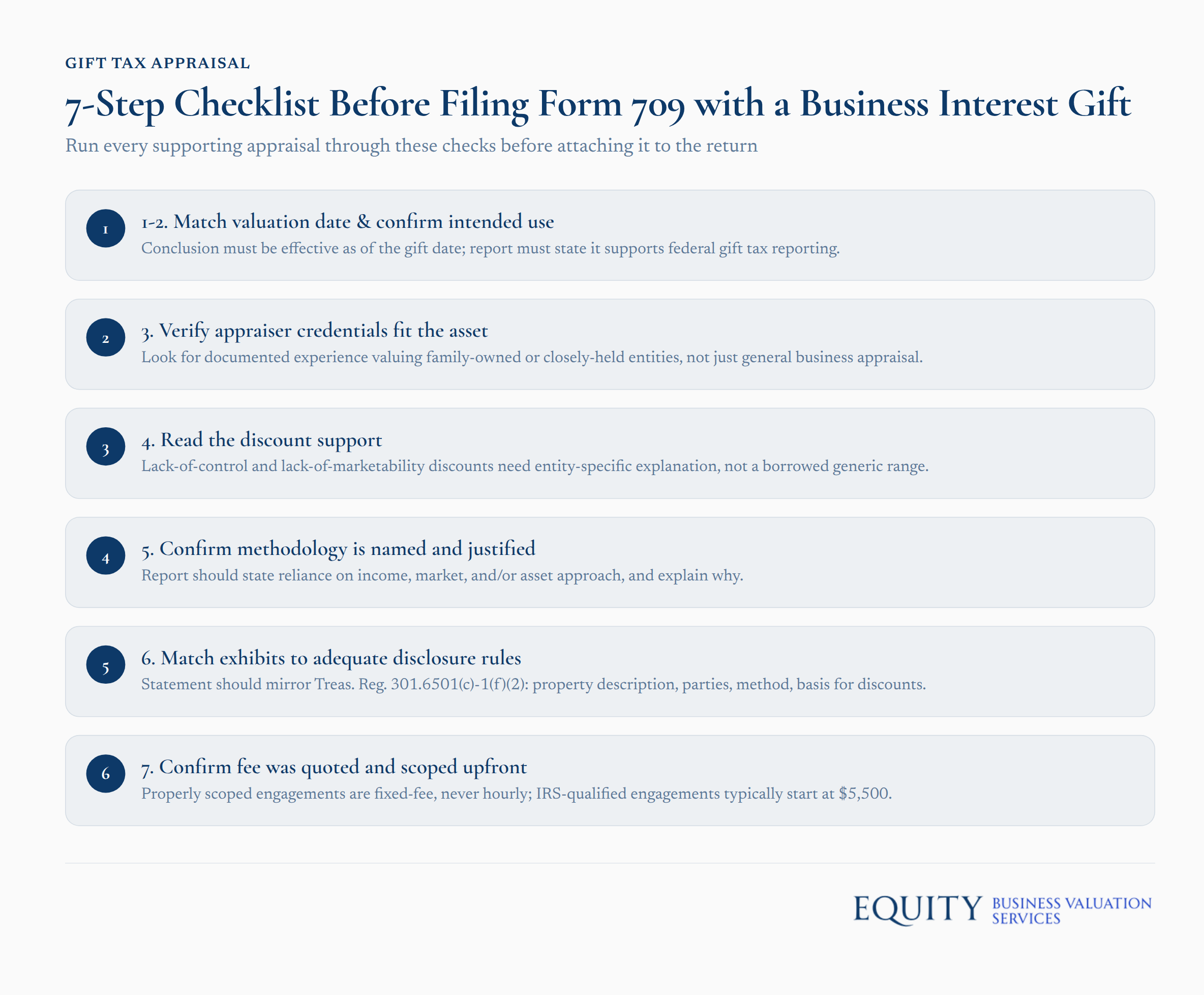 7-step checklist for business interest gift appraisals before filing Form 709