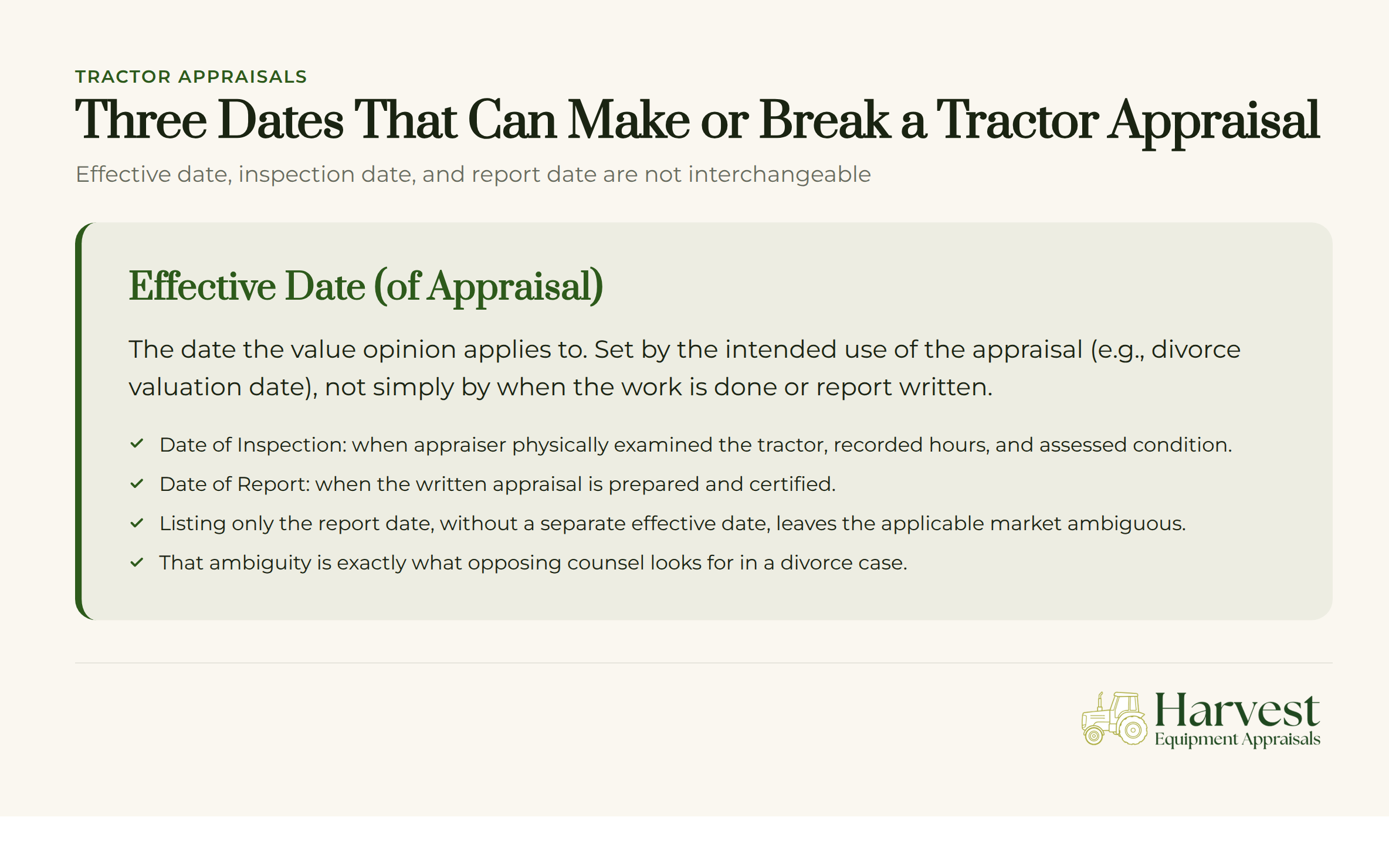 Three important dates in tractor appraisal: effective date, inspection date, and report date