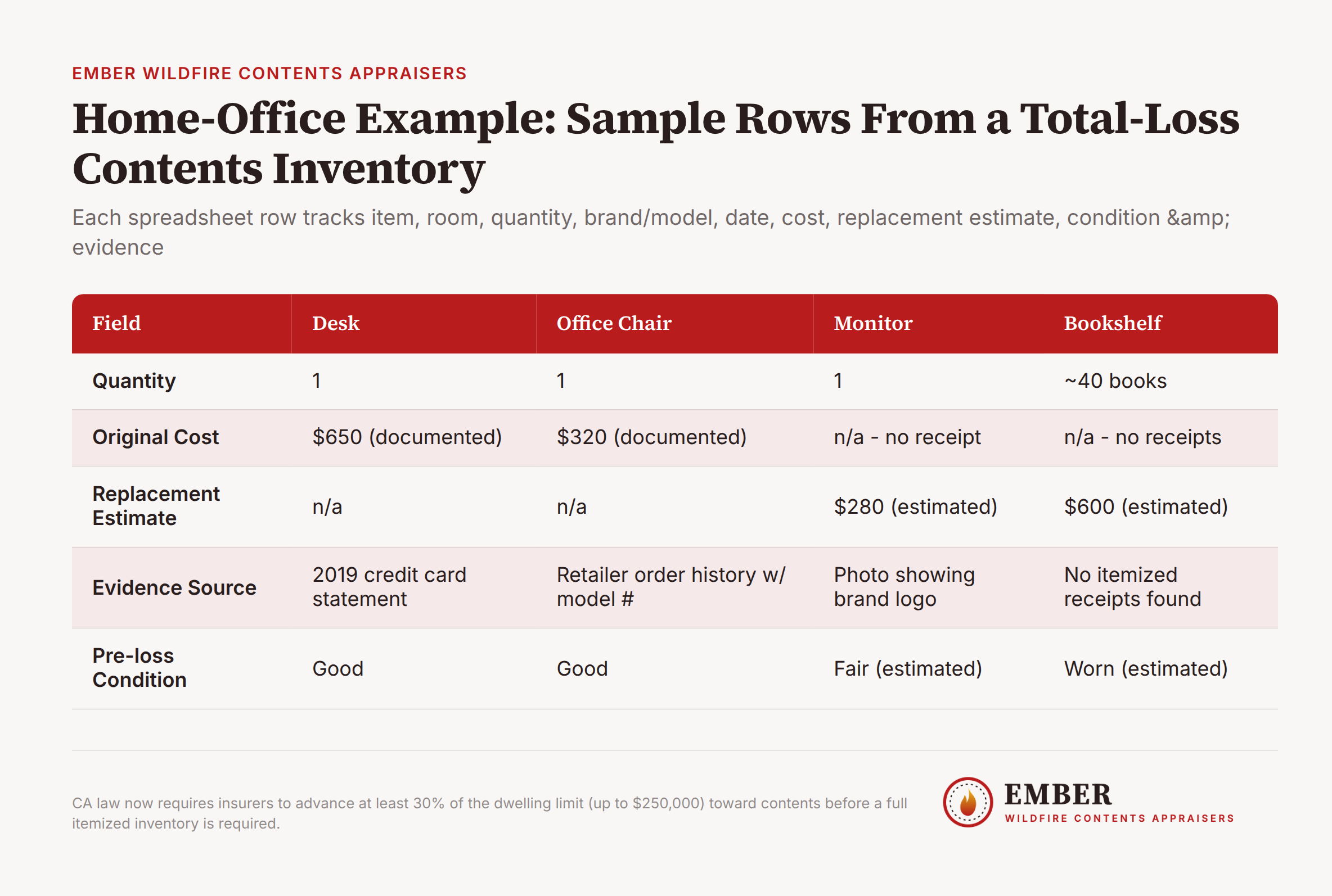 Spreadsheet showing home inventory columns including item, room, quantity, brand, date, cost, replacement estimate, condition, and evidence