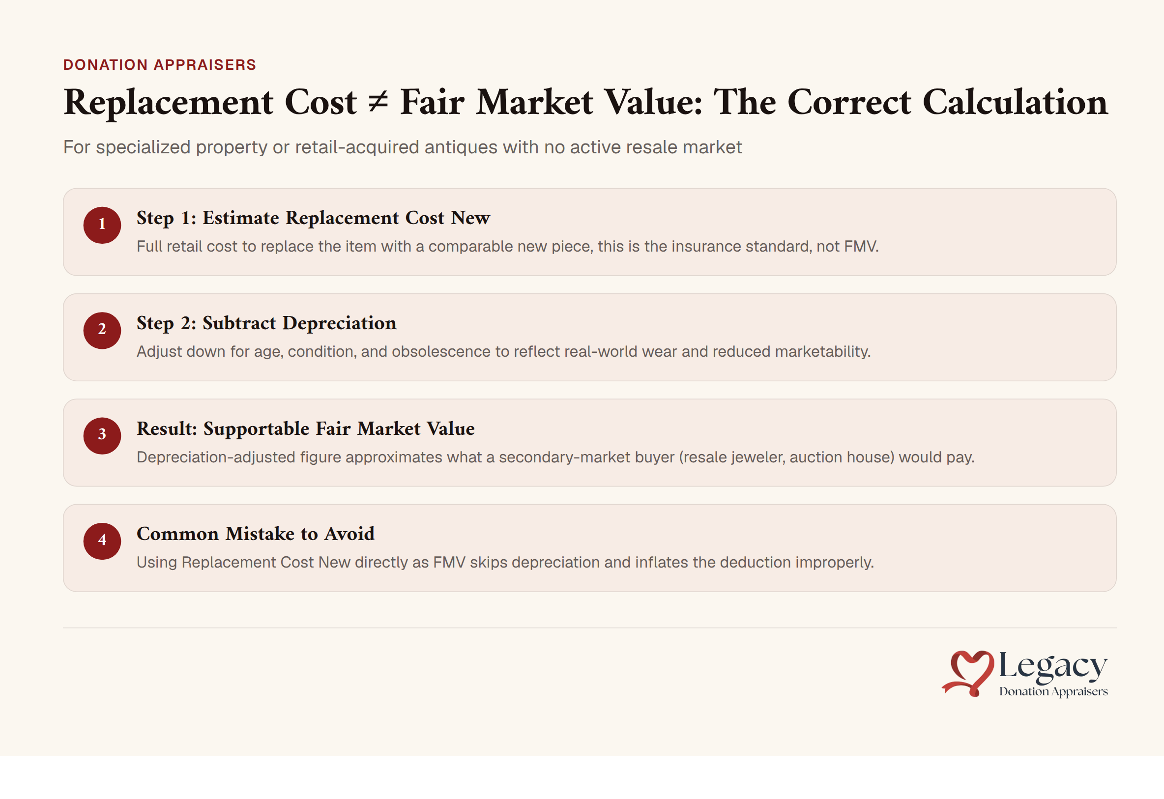 Replacement cost versus fair market value comparison chart for specialized property appraisals
