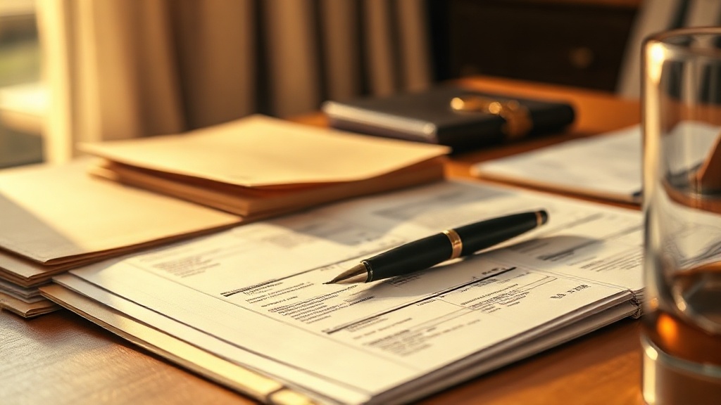Organized desk with tax forms, color-coded folders, fountain pen, and leather ledger in natural light