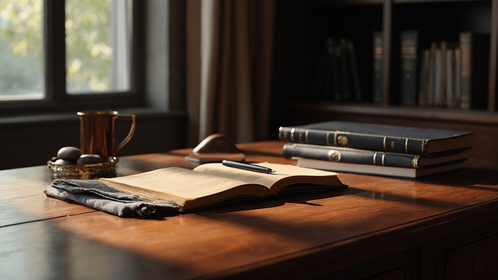 Brushed-metal pen holder, leather-bound ledger, and fountain pen on walnut desk with river stones and cloth-bound books
