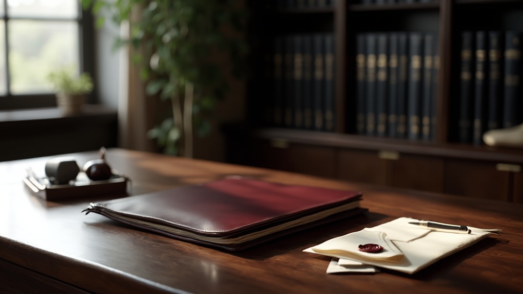Minimalist professional desk with burgundy leather portfolio, fountain pen, wax-sealed envelope, and river stone paperweight in natural daylight