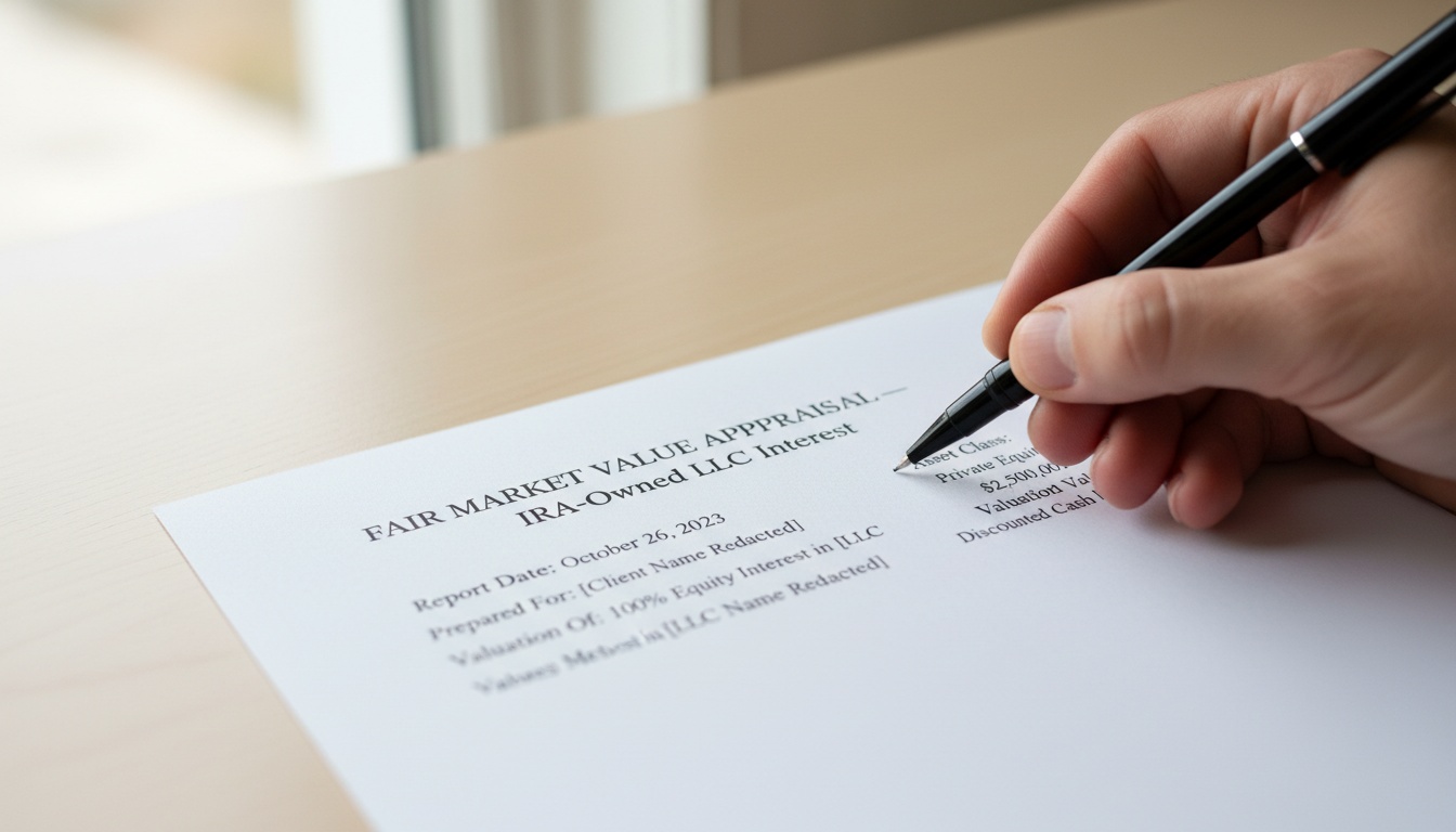 Hand with pen reviewing Fair Market Value Appraisal report for IRA-owned LLC interest on desk