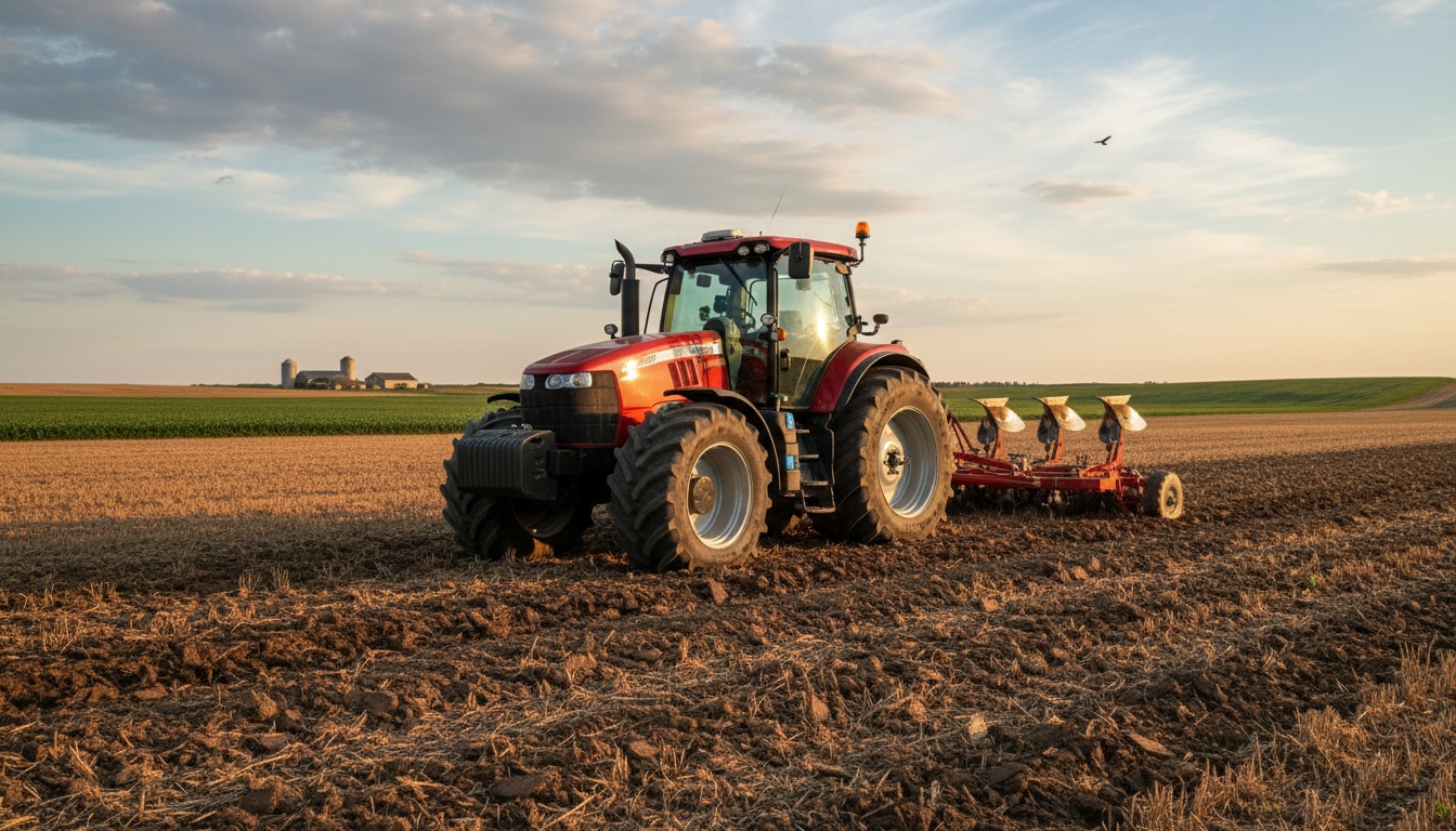 Red farm tractor with large rear wheels in field