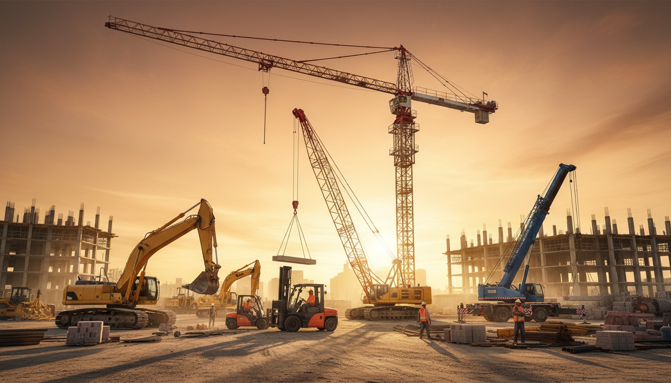 Yellow excavator, mobile crane, and forklift on construction site