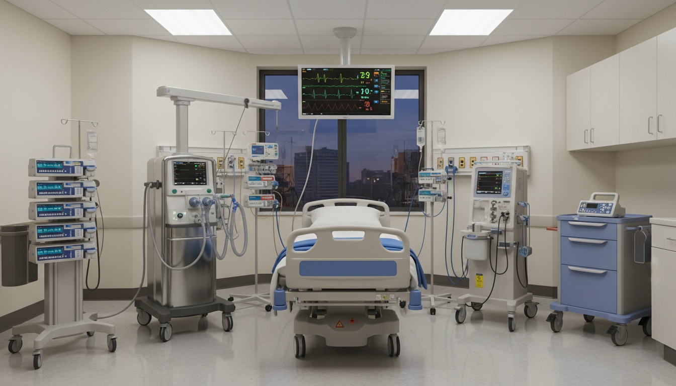 Hospital medical equipment and monitors on display