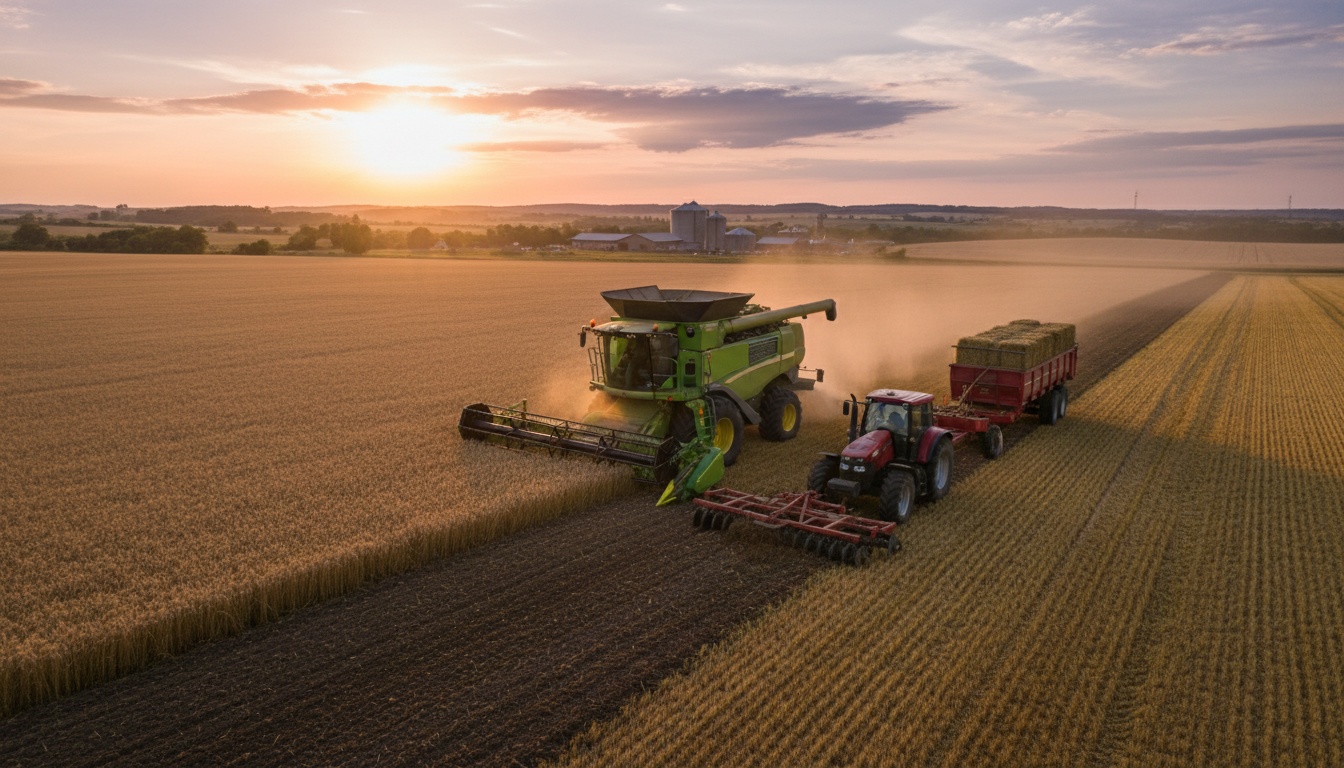 Agricultural machinery in a field during harvest season