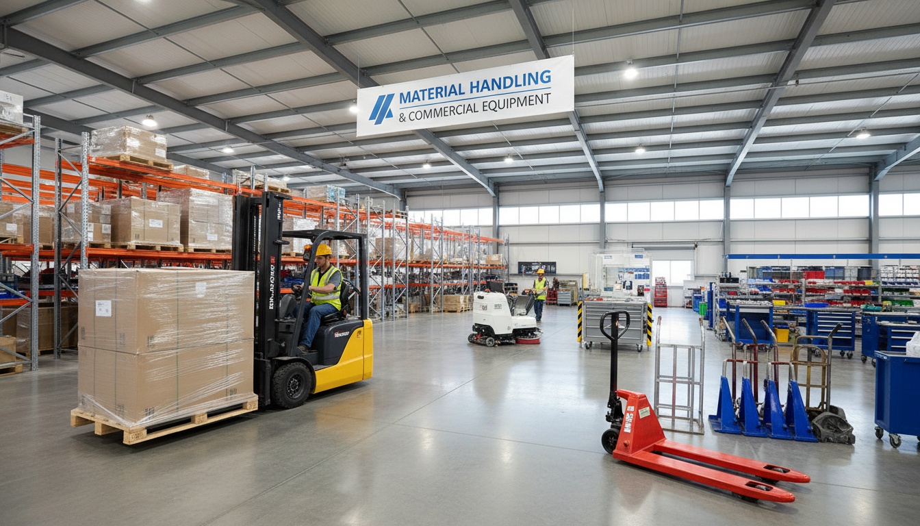 Industrial warehouse with material handling equipment and organized storage space