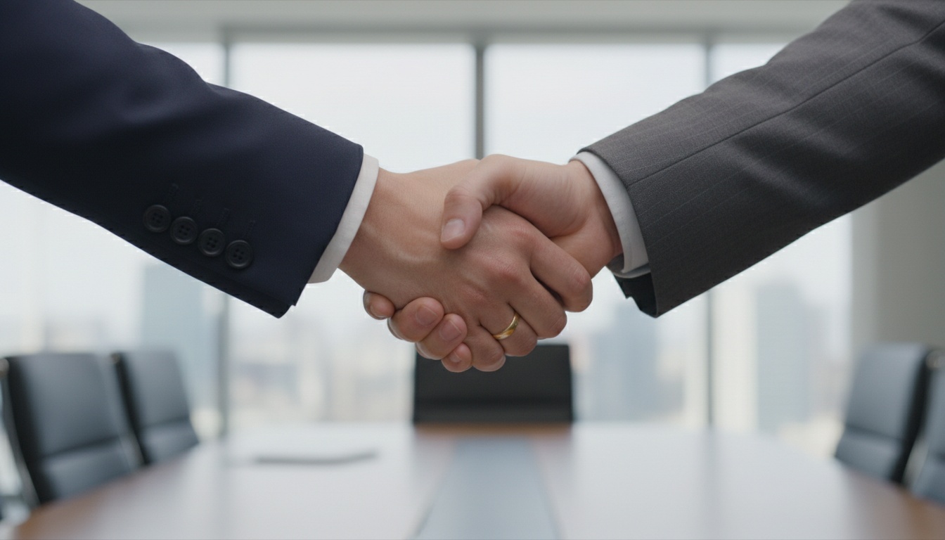 Two people shaking hands in a professional business setting