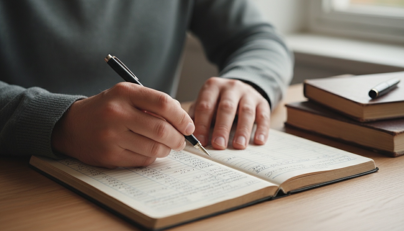 Person's hands writing investment notes on paper with pen and calculator visible