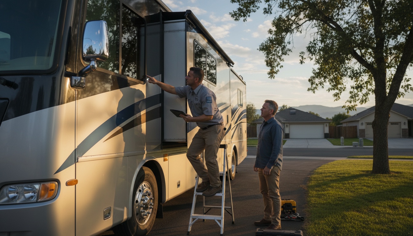 Inspector examining a recreational vehicle exterior with clipboard