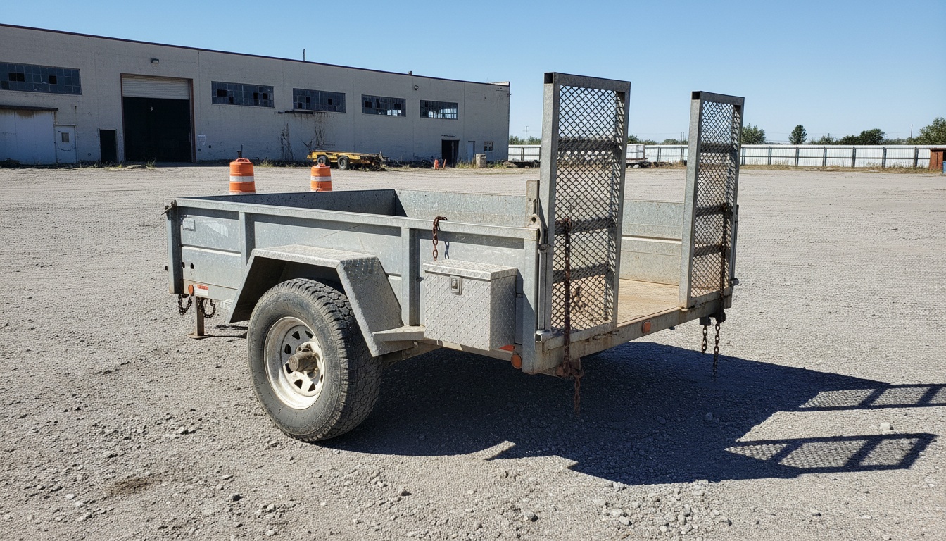 Rugged utility trailer parked on open lot in bright daylight