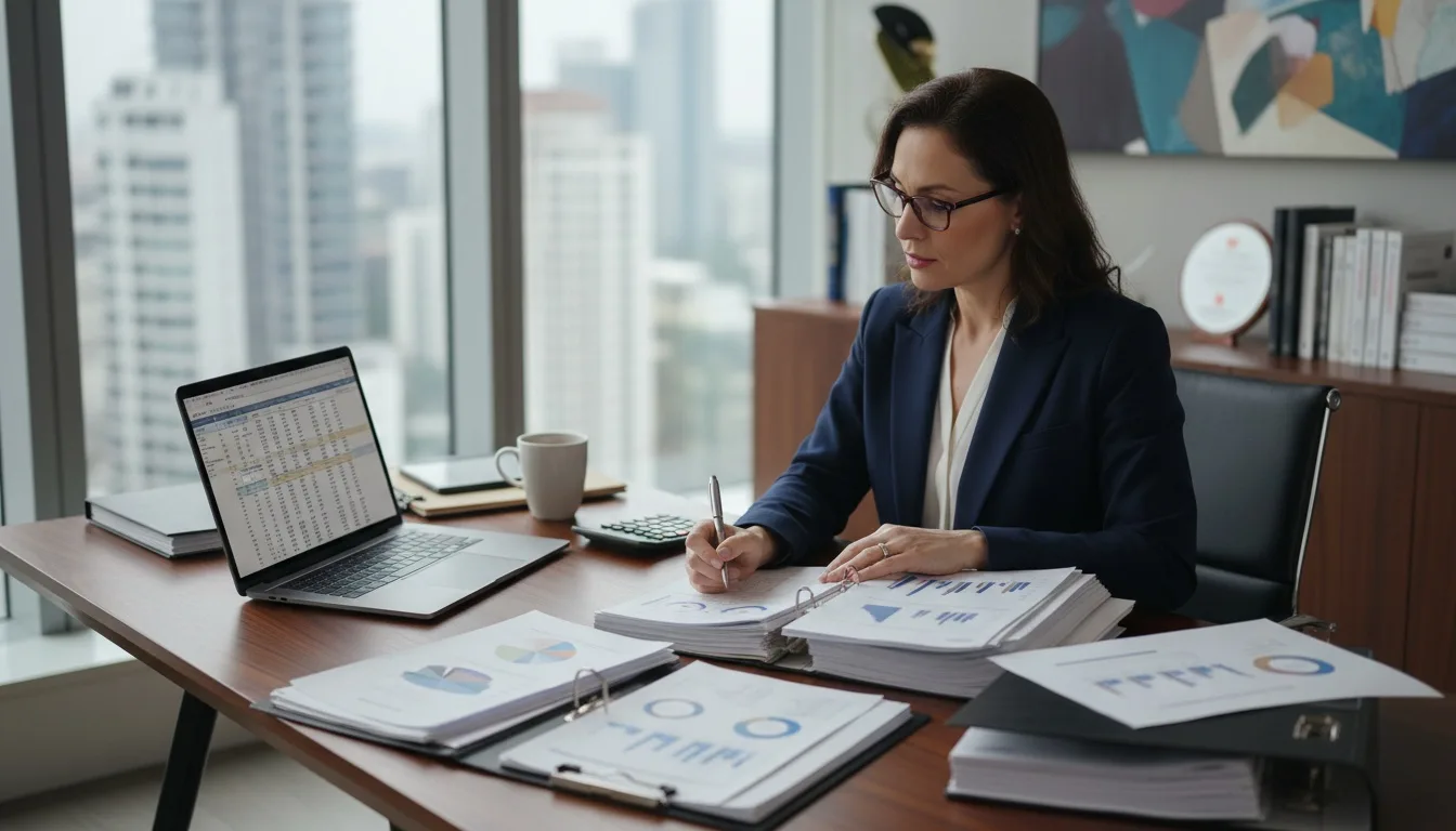 Professional appraiser reviewing business documents at modern office desk