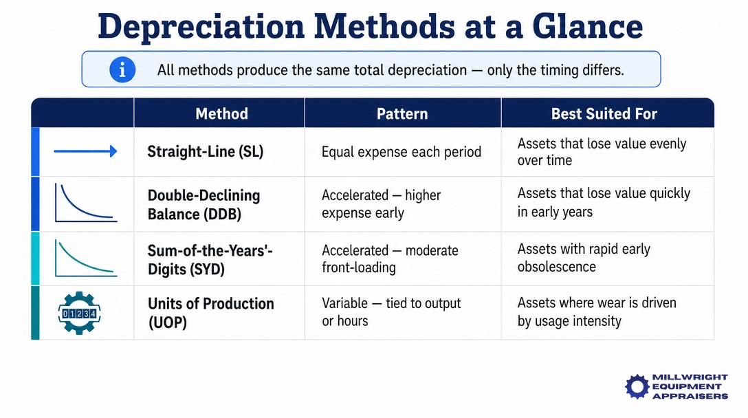 Comparison table of four depreciation methods with icons showing straight-line, double-declining balance, sum-of-the-years'-digits, and units of pr…