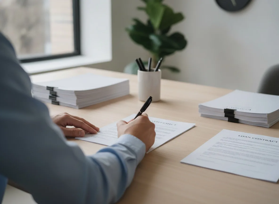 Person signing financial documents at desk with pen and stacked papers