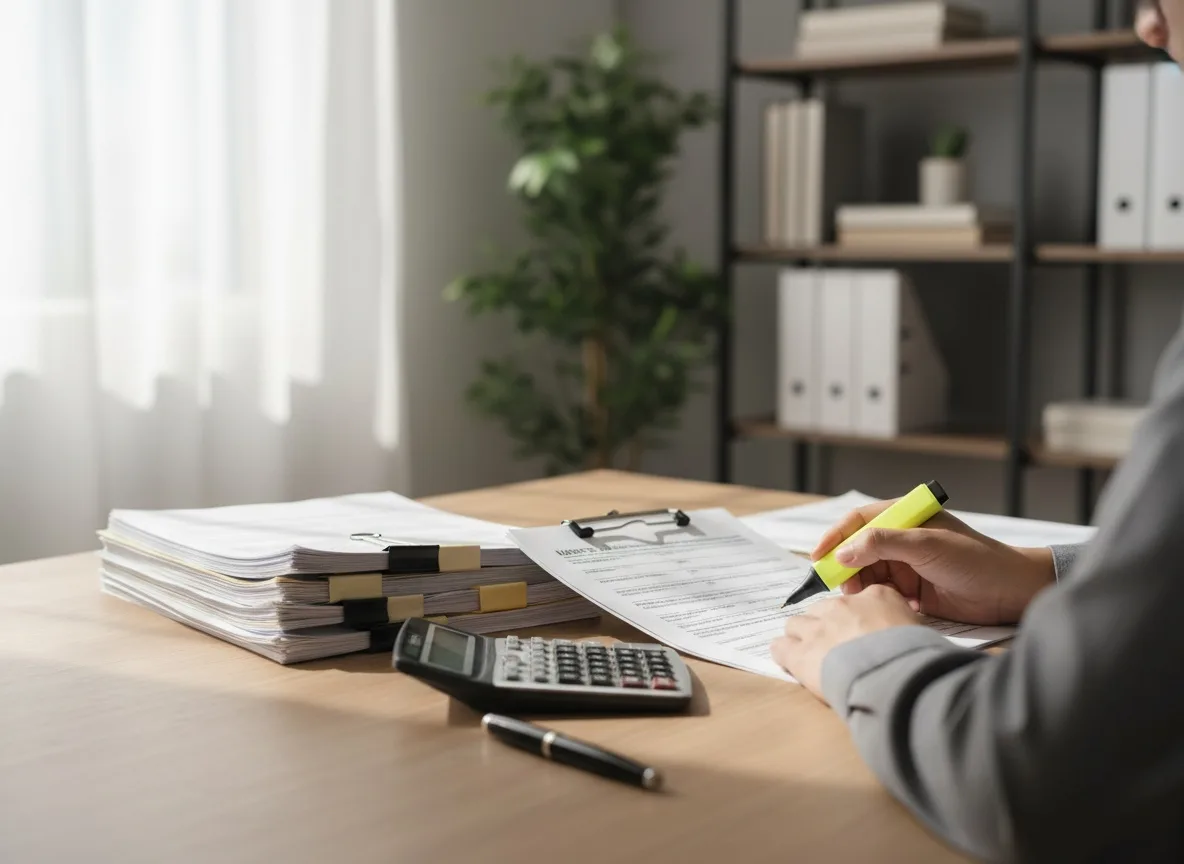 Tax documents and calculator on organized desk with natural lighting