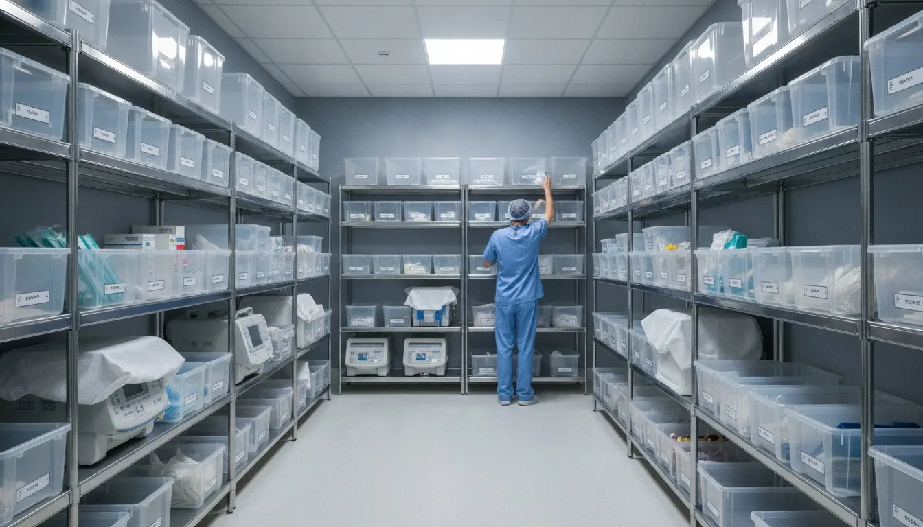 Organized medical equipment on stainless steel shelves in hospital supply room