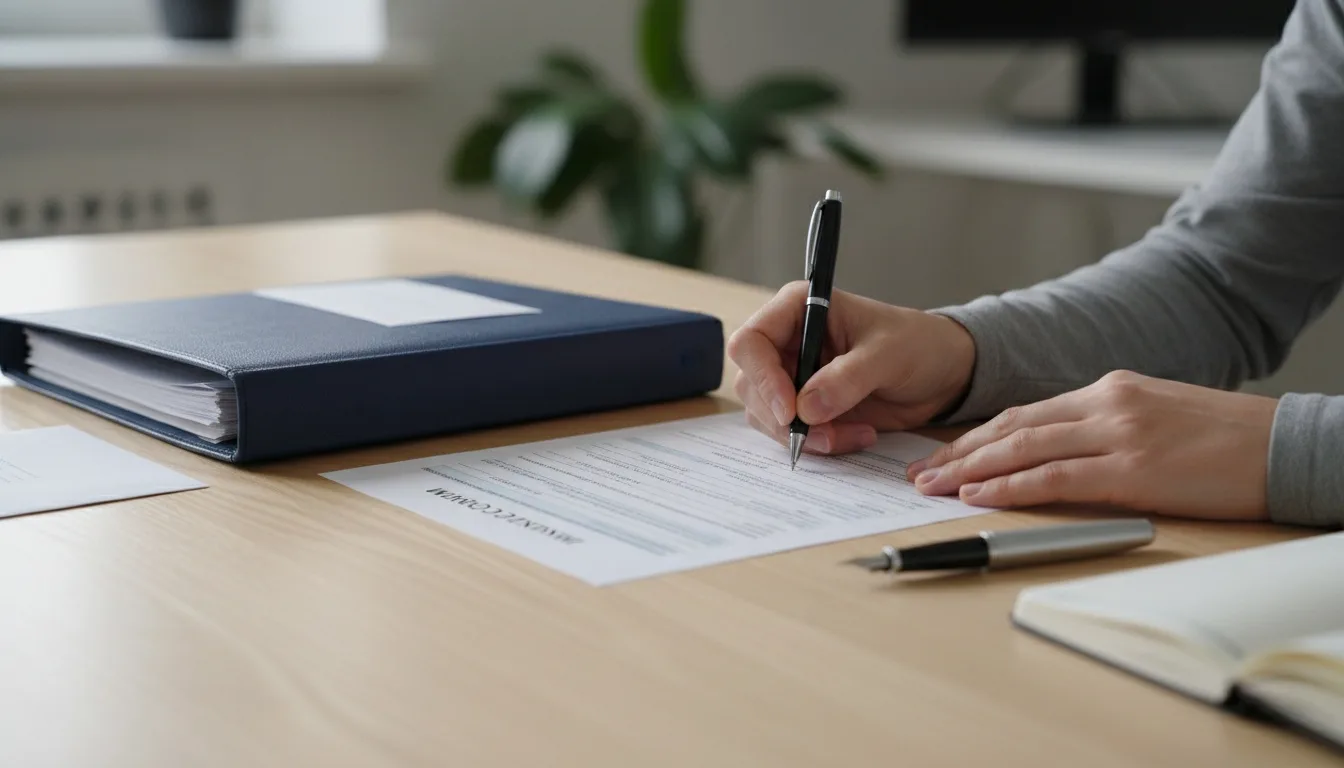 Person filling out insurance claim form with pen on desk next to folder