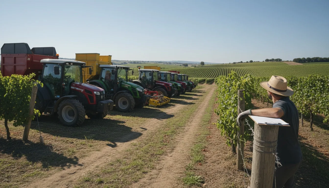 Vineyard tractors and harvesting equipment parked between grapevine rows with clipboard on fence post