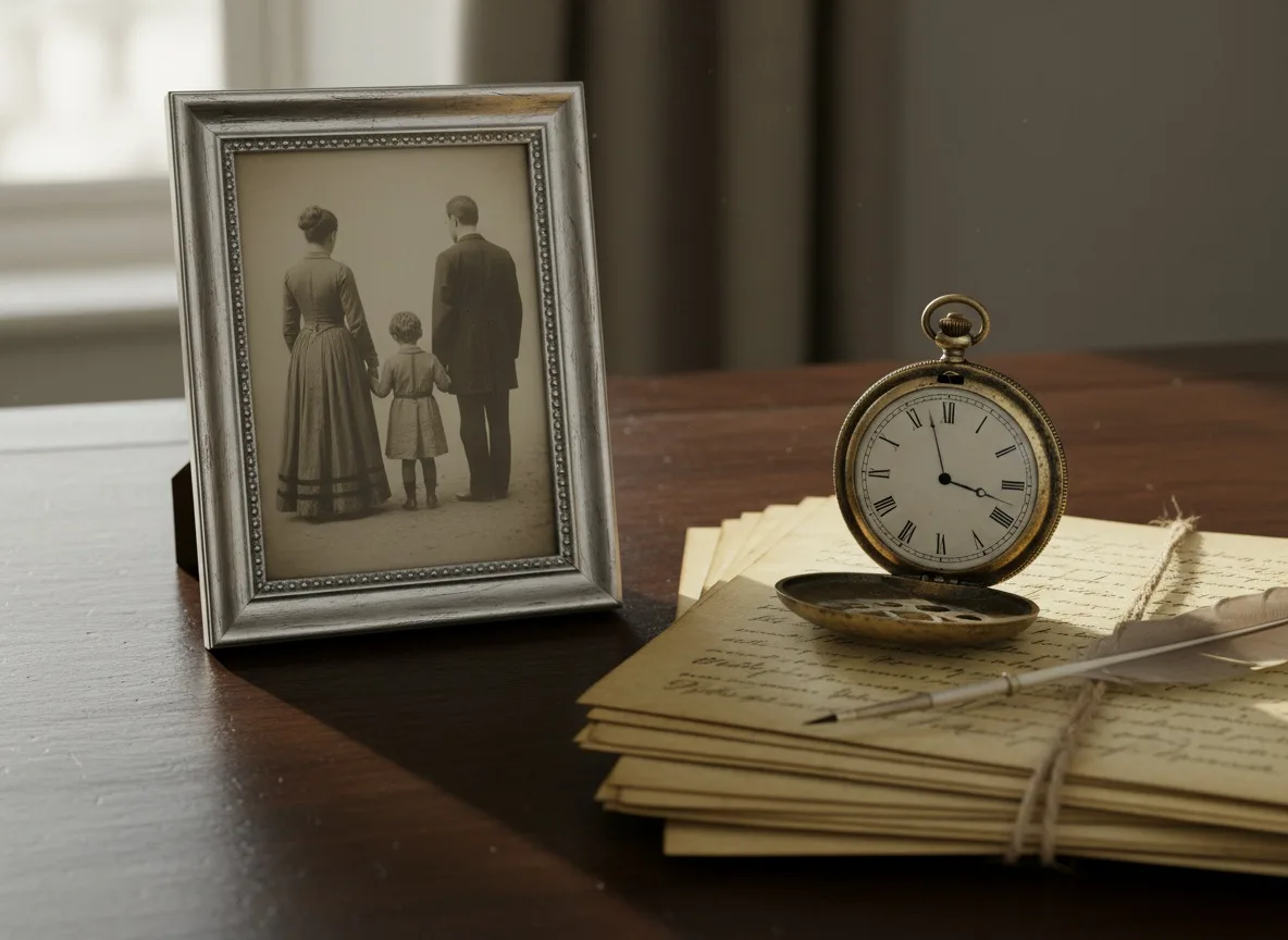 Framed family photo and vintage pocket watch on wooden desk with stacked documents
