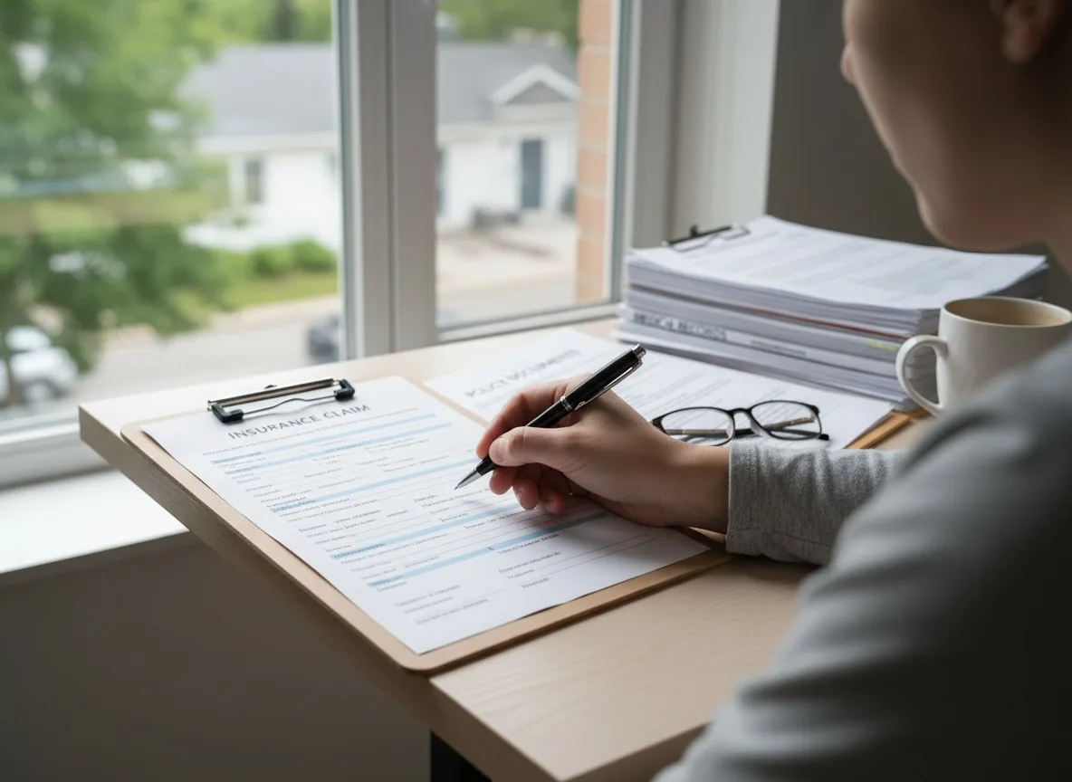 Person filling out insurance claim form on clipboard with pen and documents at desk