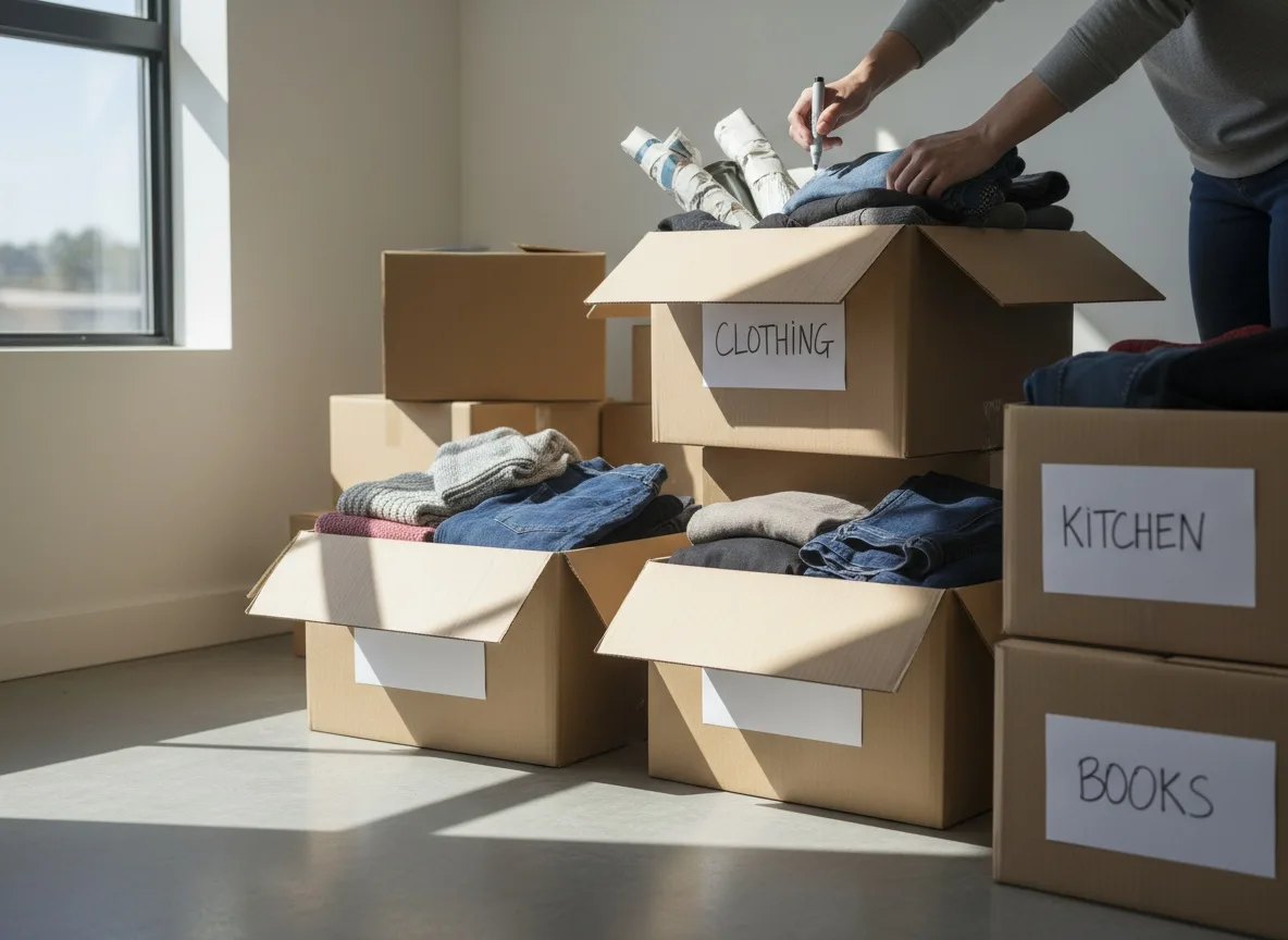 Stacked cardboard boxes of donated clothing and household items with hands labeling a box with marker