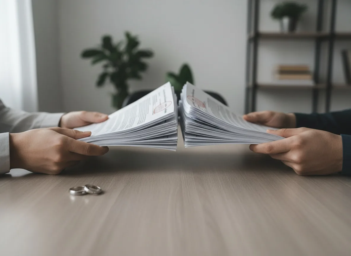 Couple's hands dividing stack of documents with wedding rings beside them on table