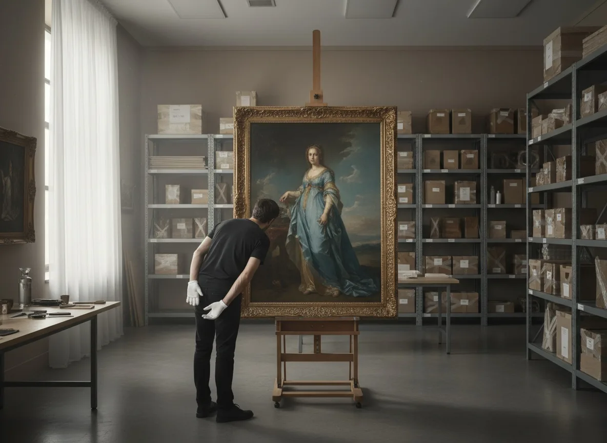 Museum curator in white gloves examining framed painting on easel in storage room