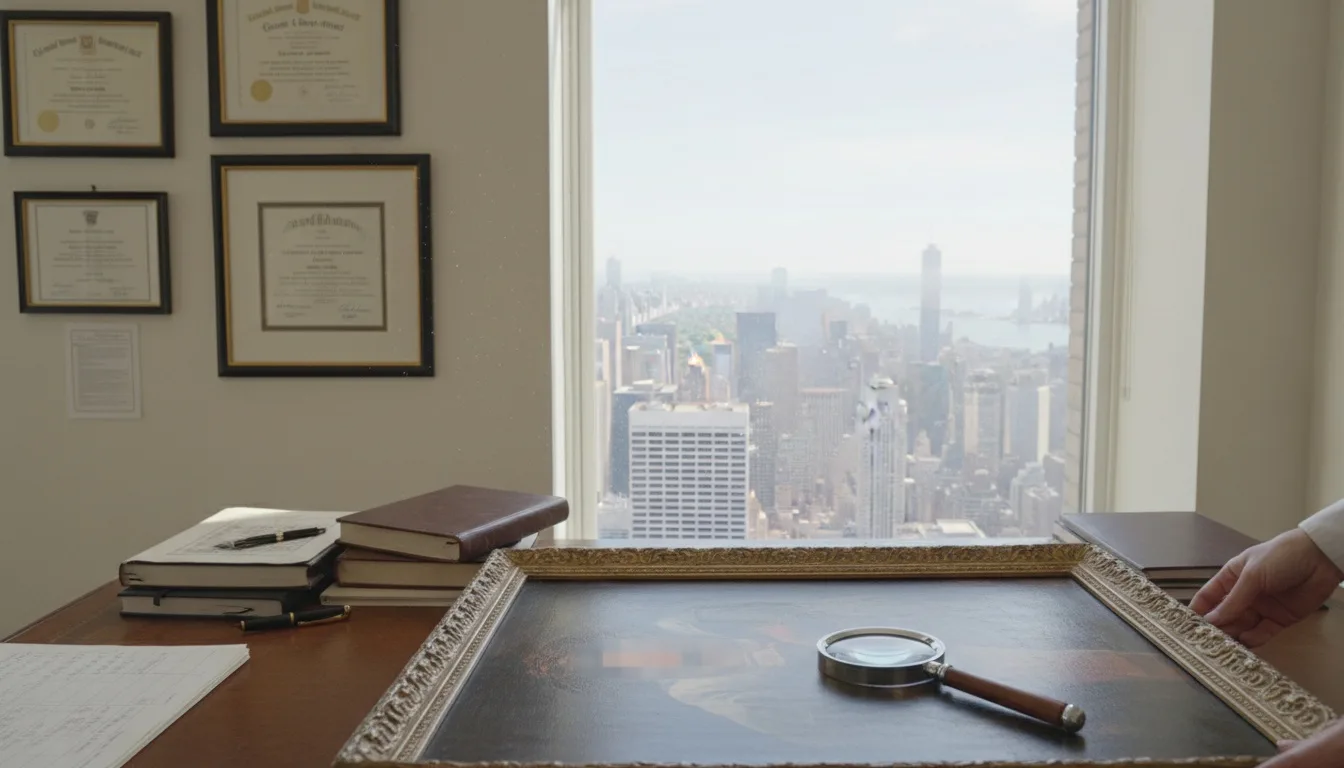 Fine art appraiser's desk with magnifying loupe on antique painting, framed certificates on wall, NYC skyline visible through window