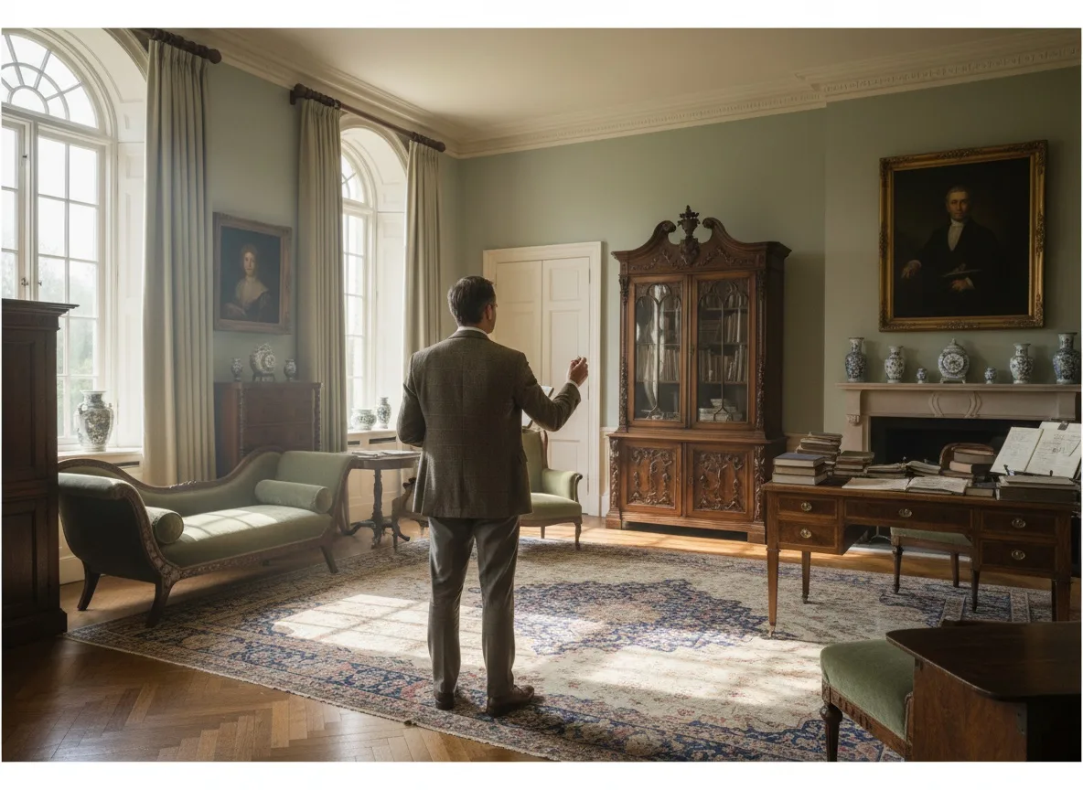 Appraiser examining antique furniture in a sunlit estate room, holding notepad