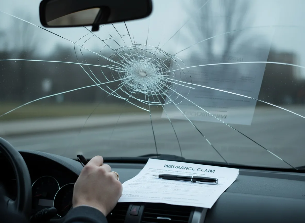 Cracked windshield with insurance claim form and pen on dashboard in daylight