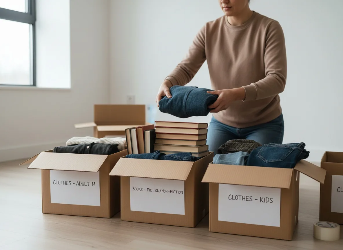 Hands packing folded clothing and books into labeled donation boxes